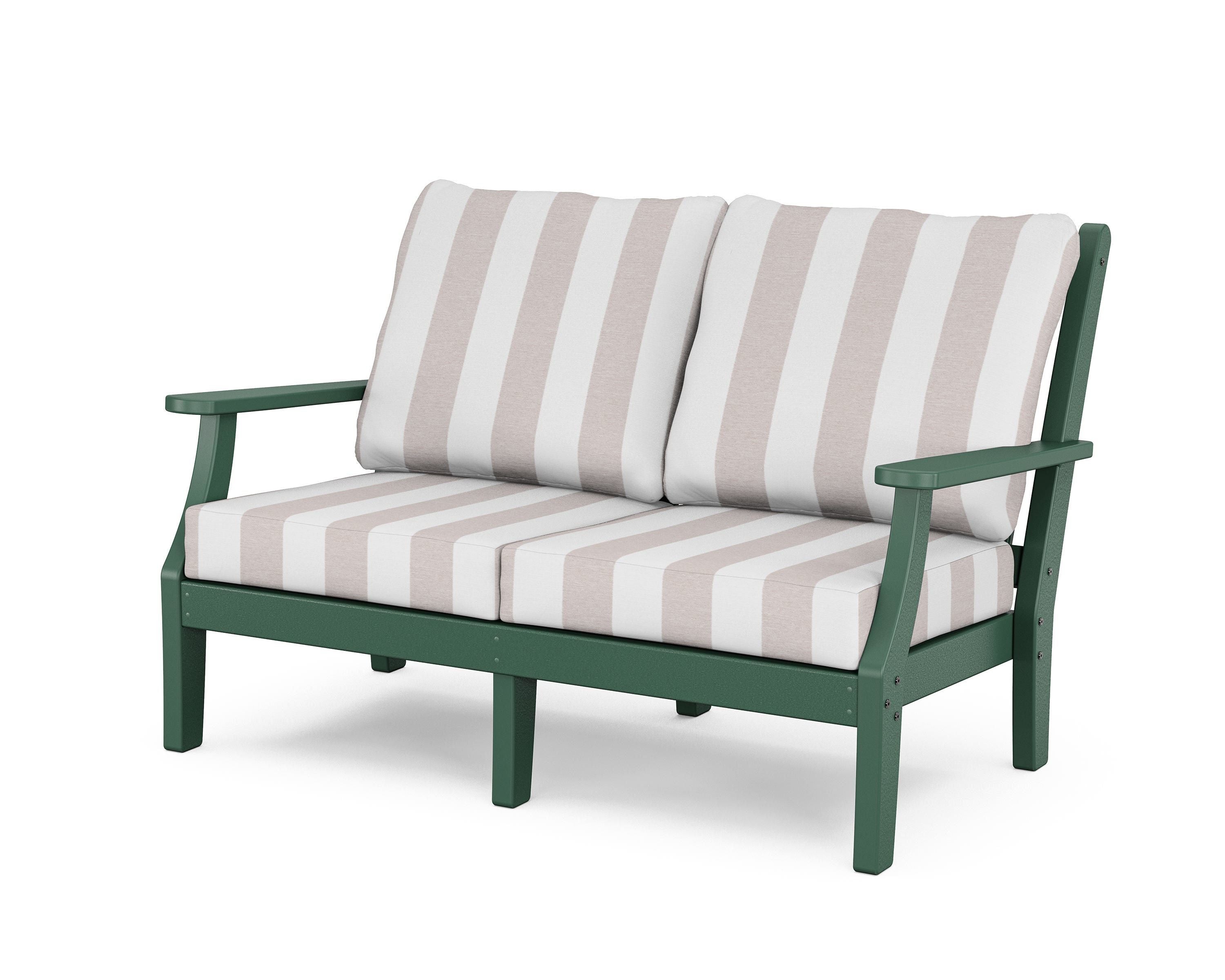 Country Living Wovendale Deep Seating Loveseat in Green / Cabana Stripe Dune Burlap