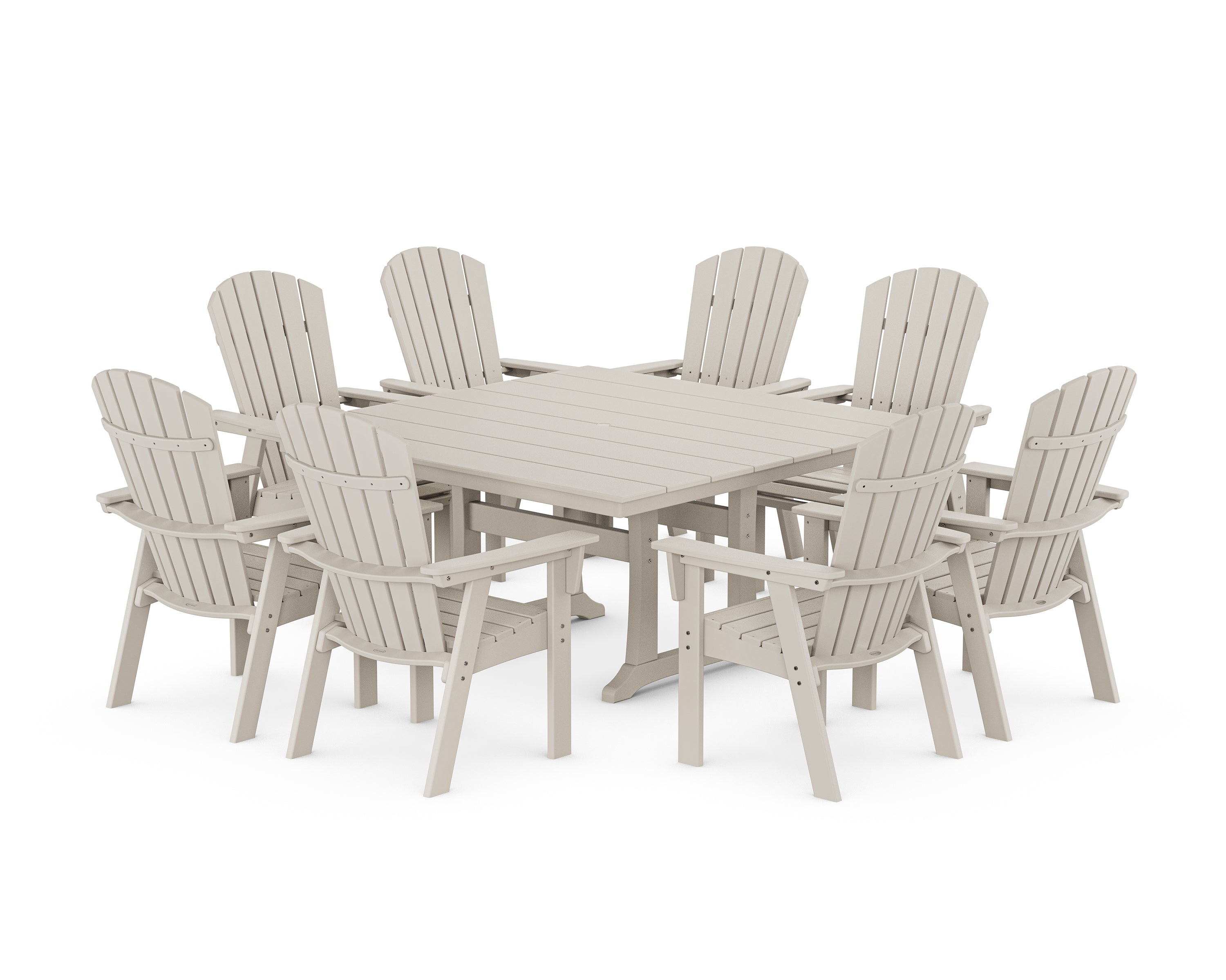 POLYWOOD® Nautical Curveback Adirondack 9-Piece Square Dining Set with Trestle Legs in Sand
