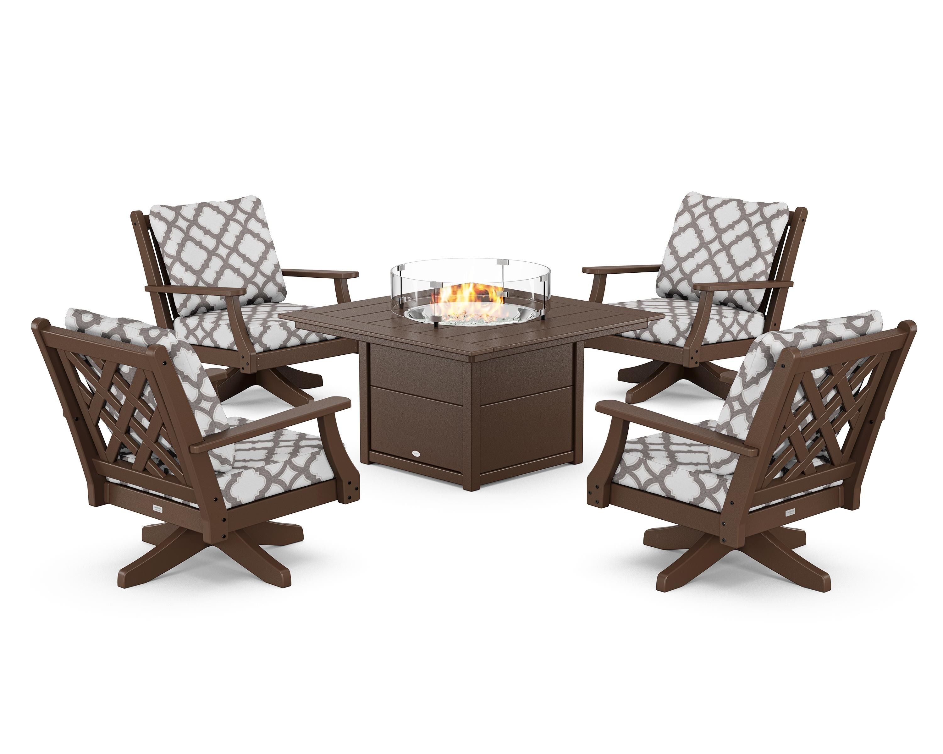Country Living Wovendale 5-Piece Deep Seating Swivel Conversation Set with Fire Pit Table in Mahogany / Trellis Grey Mist