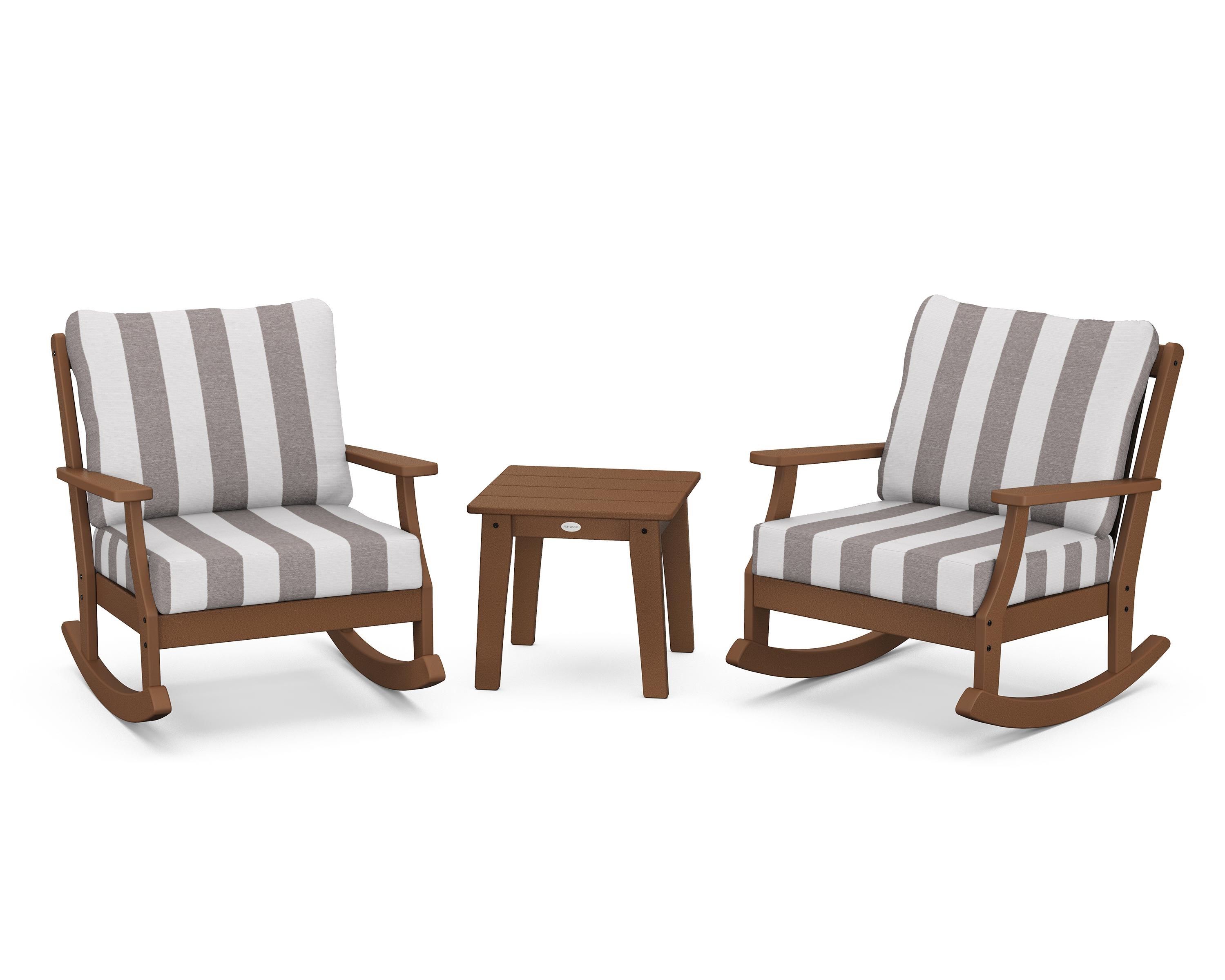 POLYWOOD® Braxton 3-Piece Deep Seating Rocker Set in Teak / Cabana Stripe Grey Mist