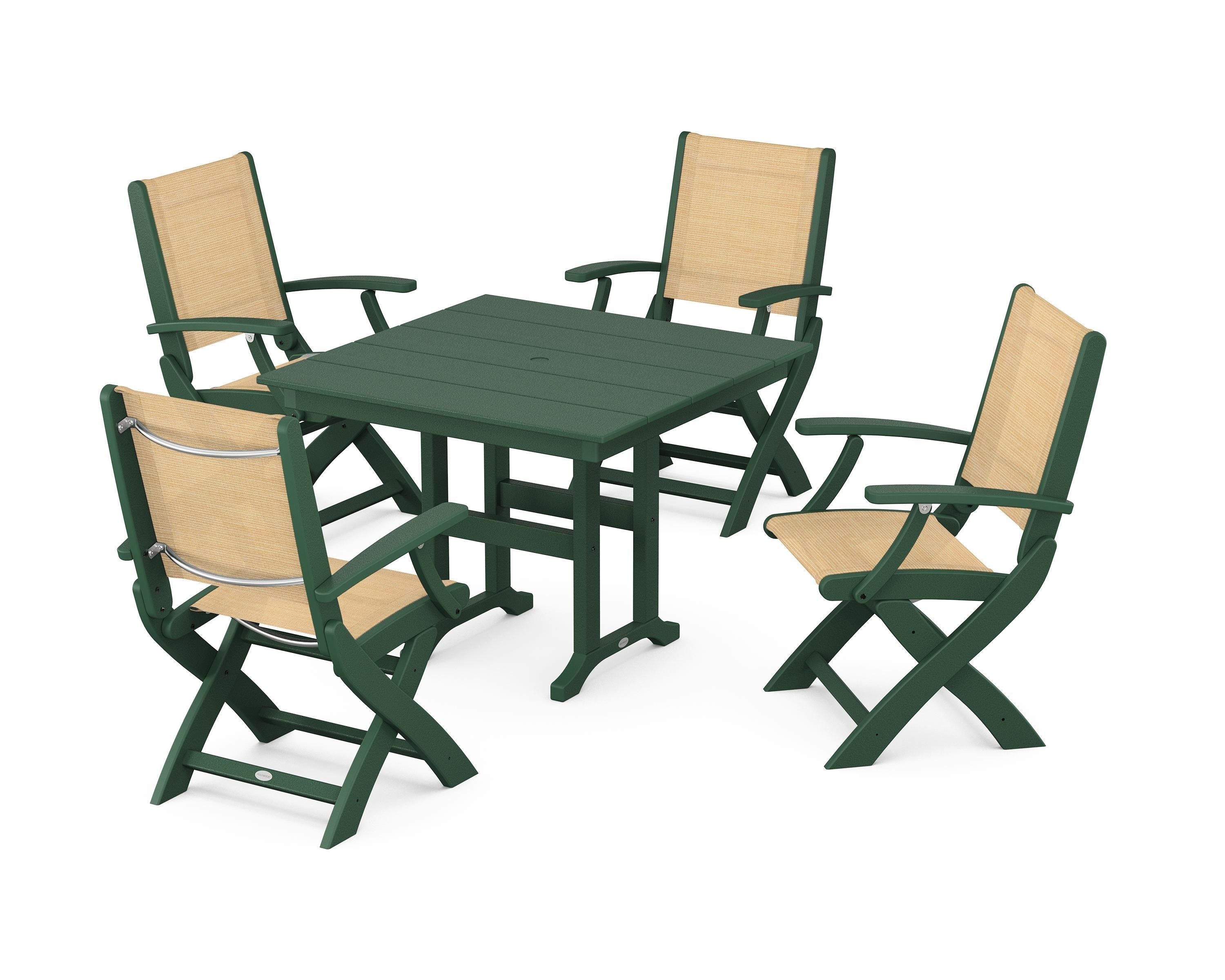 POLYWOOD® Coastal Folding Chair 5-Piece Farmhouse Dining Set in Green / Dupioni Apricot Sling