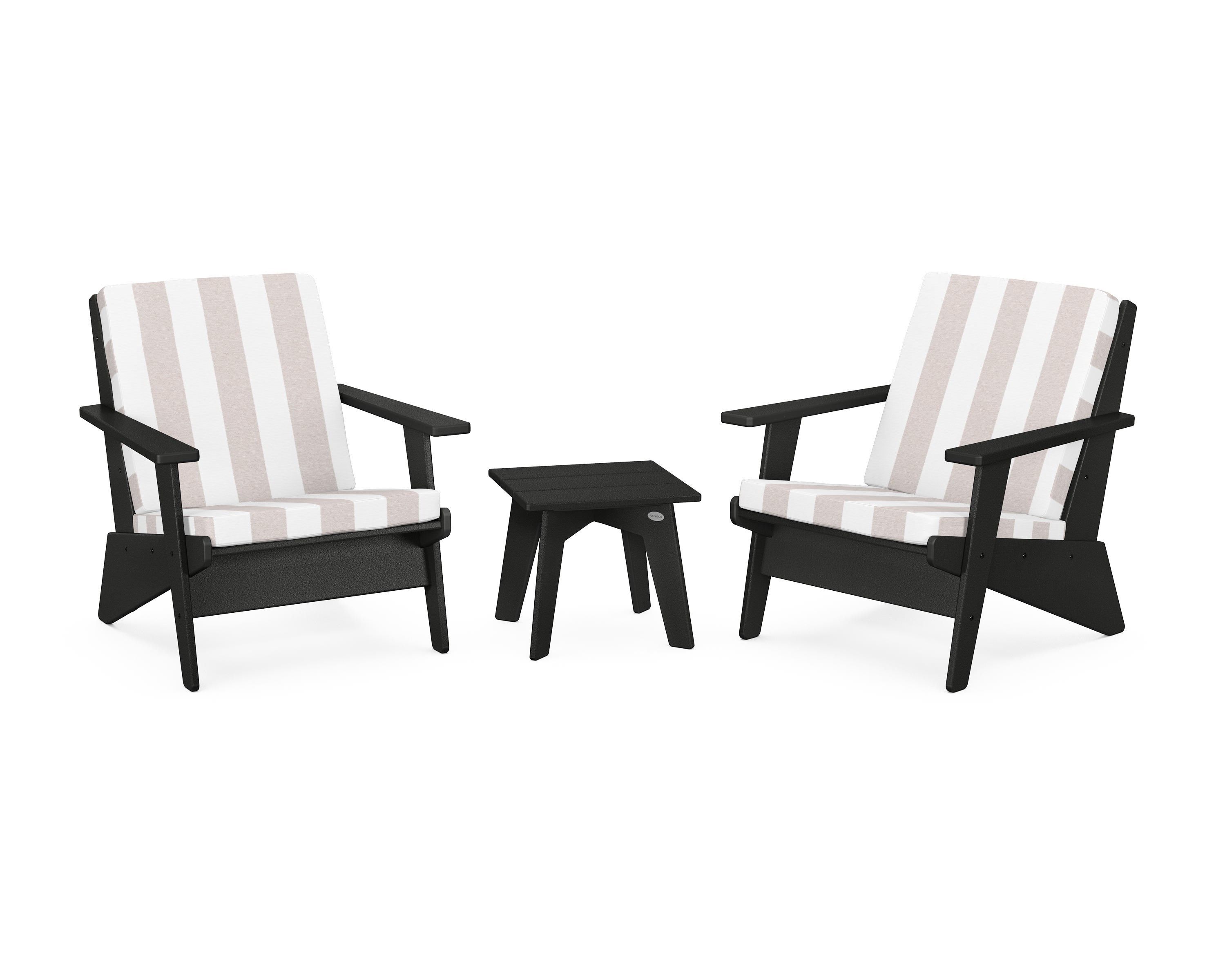 POLYWOOD® Riviera Modern Lounge 3-Piece Set in Black / Cabana Stripe Dune Burlap