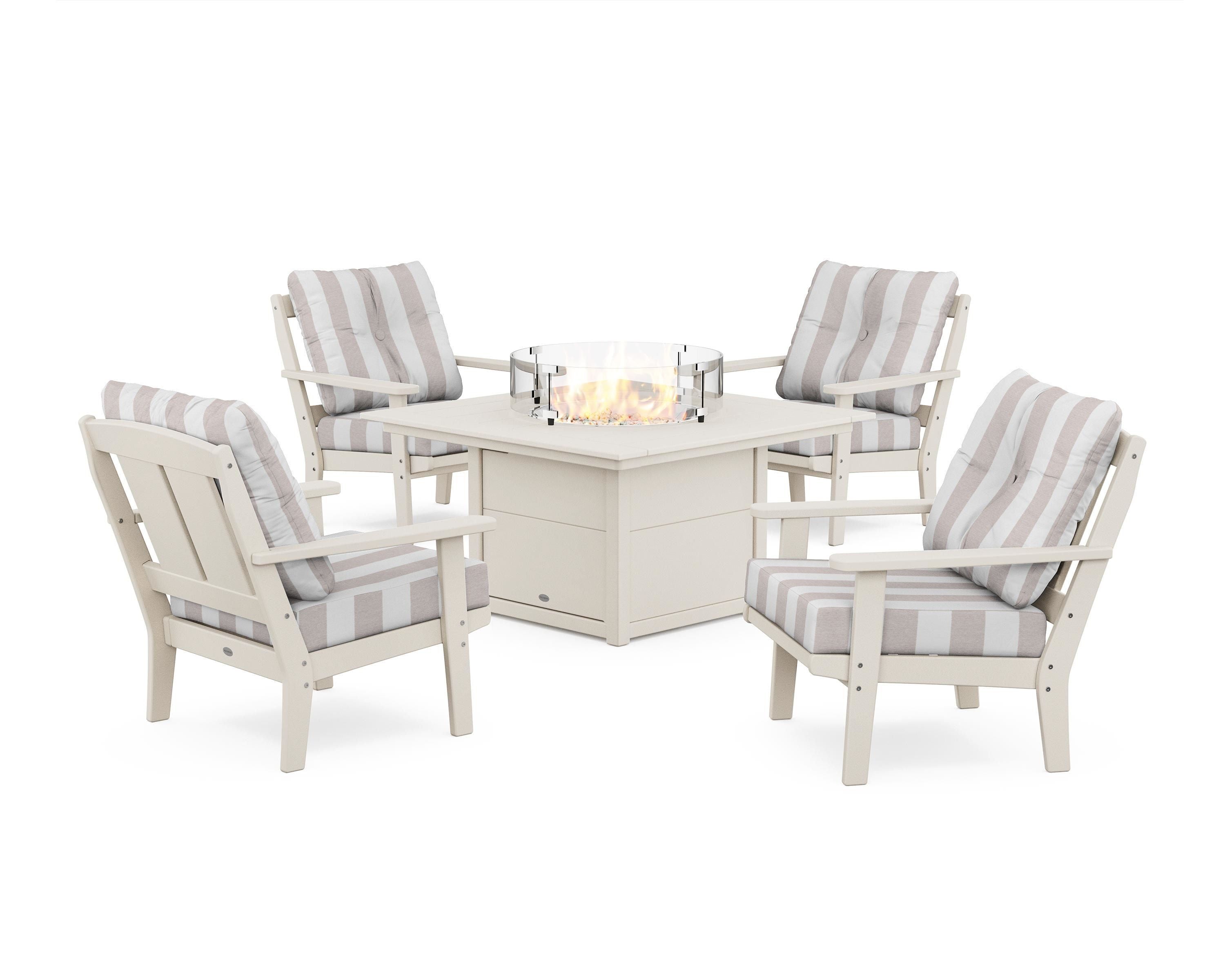 POLYWOOD® Mission 5-Piece Deep Seating Set with Fire Pit Table in Sand / Cabana Stripe Dune Burlap