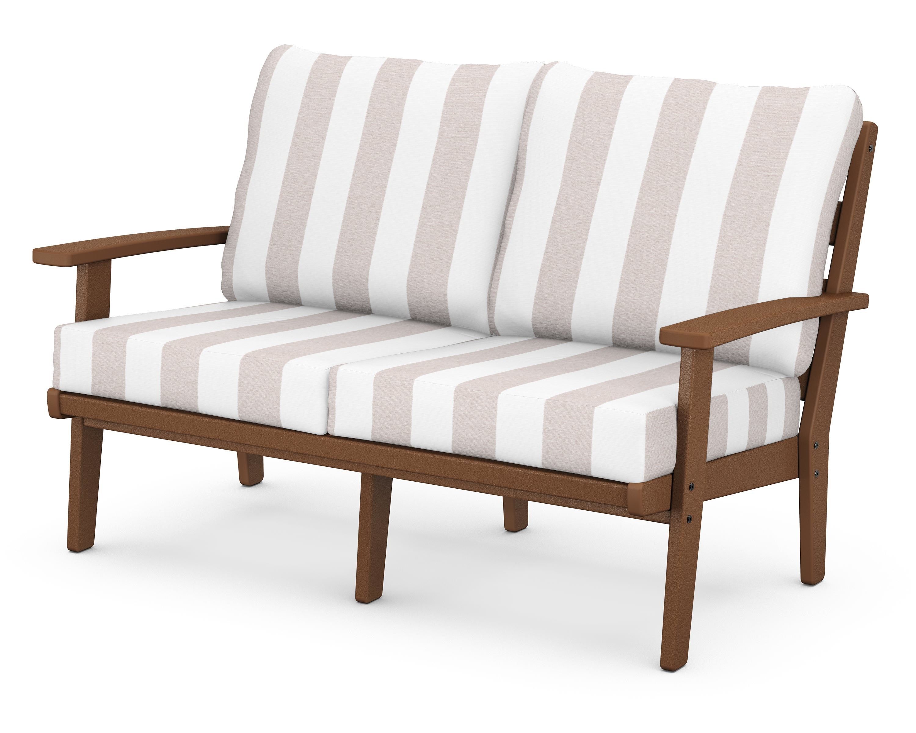 POLYWOOD® Grant Park Deep Seating Loveseat in Teak / Cabana Stripe Dune Burlap