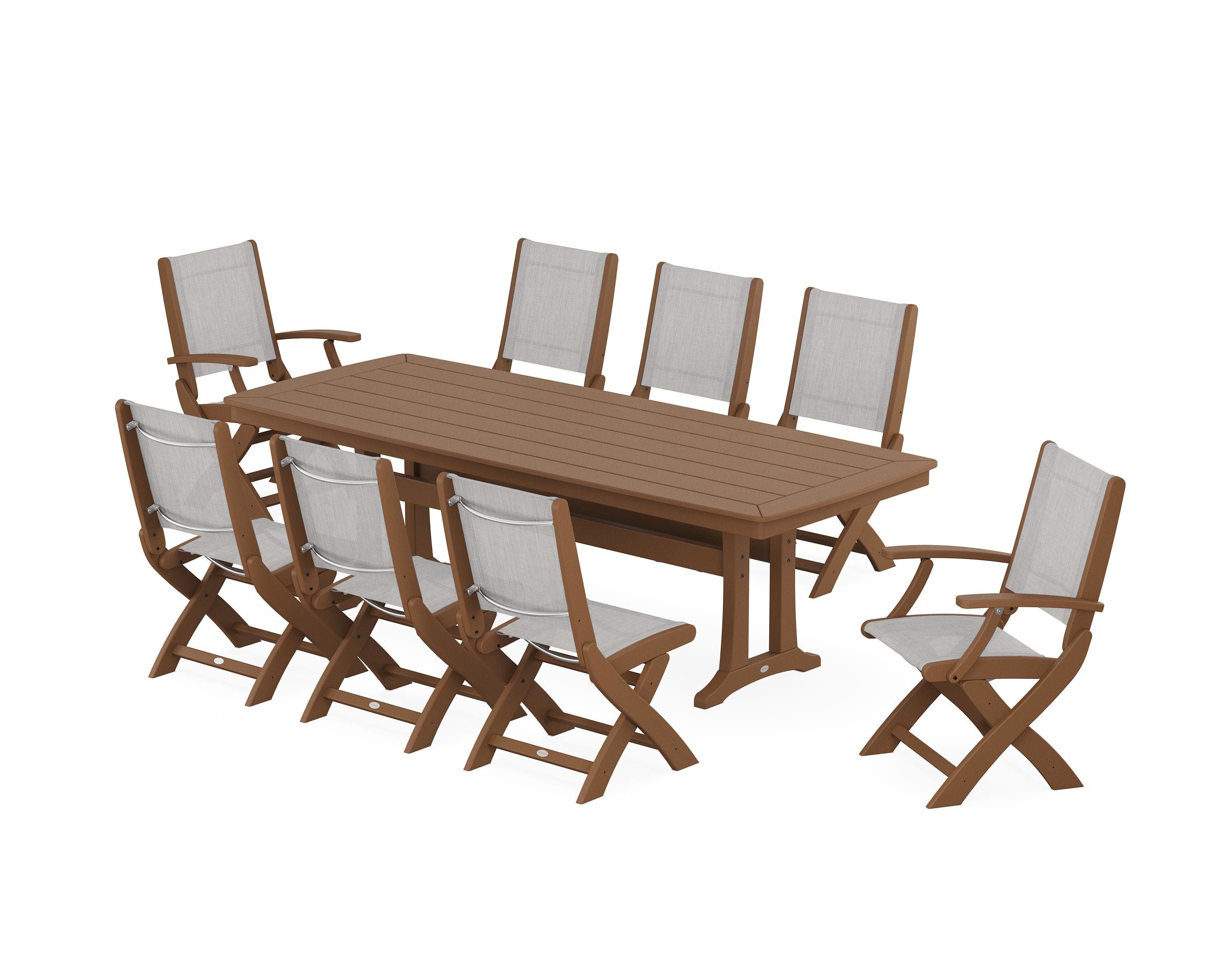 POLYWOOD® Coastal Folding 9-Piece Dining Set with Trestle Legs in Teak / Parchment Sling