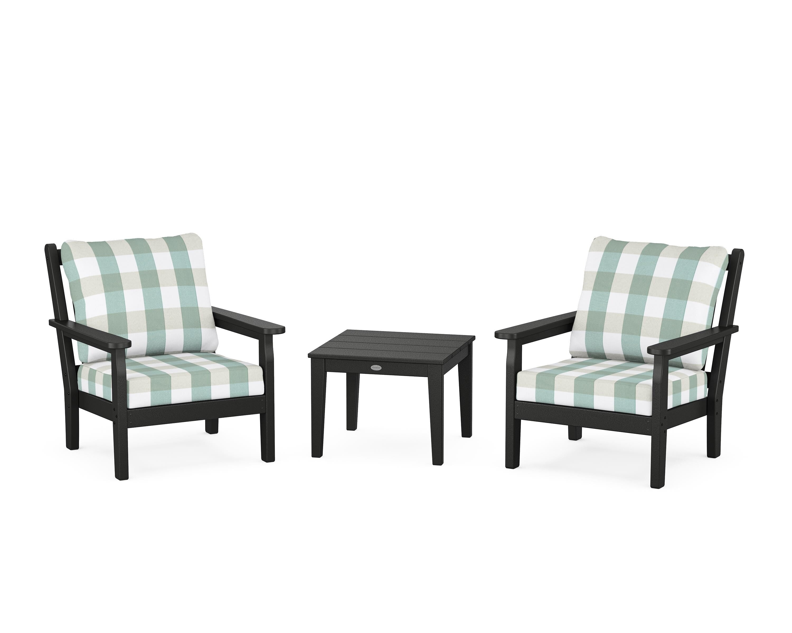 POLYWOOD® Chippendale 3-Piece Deep Seating Set in Black / Buffalo Plaid Glacier Spa