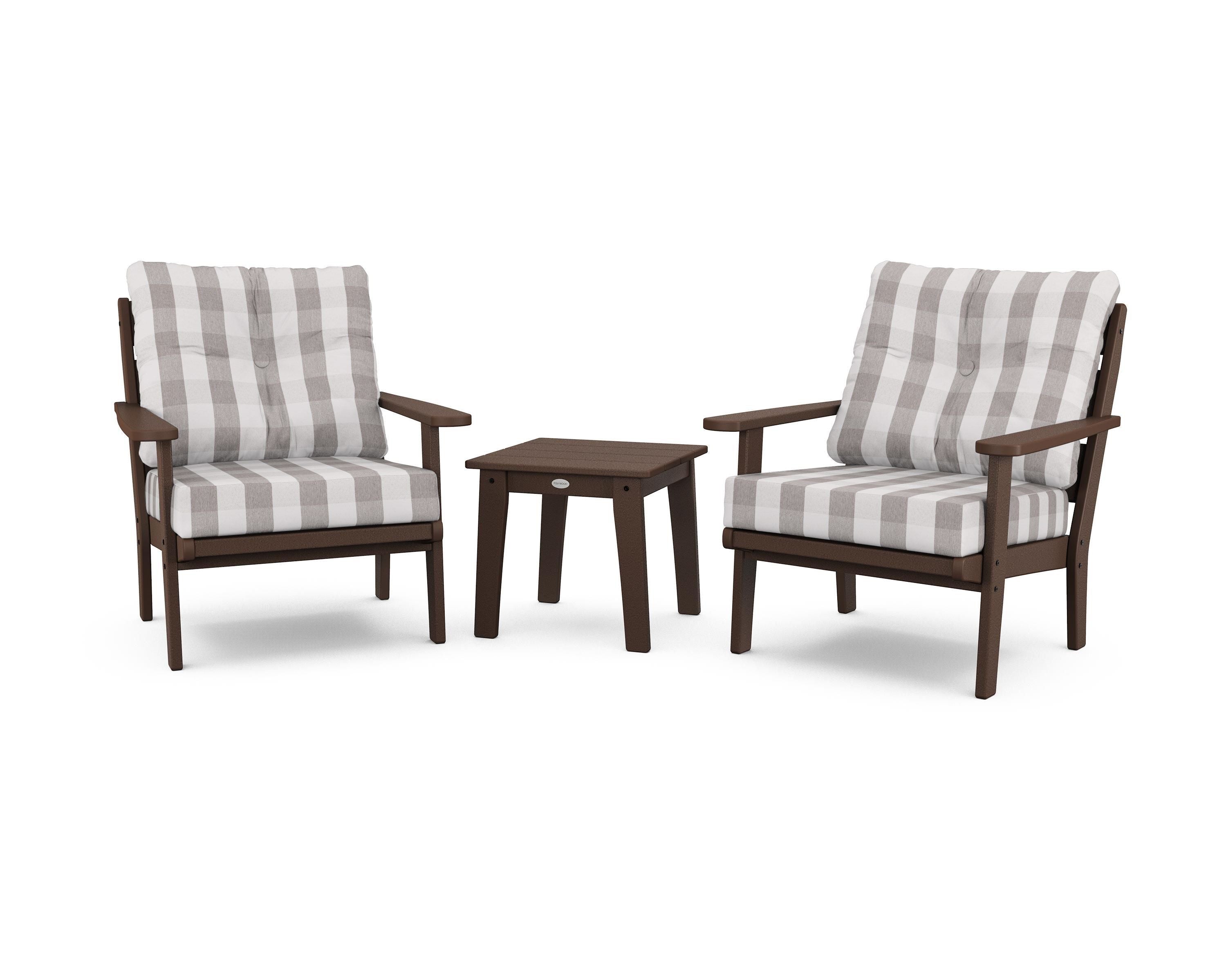 POLYWOOD® Lakeside 3-Piece Deep Seating Chair Set in Mahogany / Buffalo Plaid Grey Mist