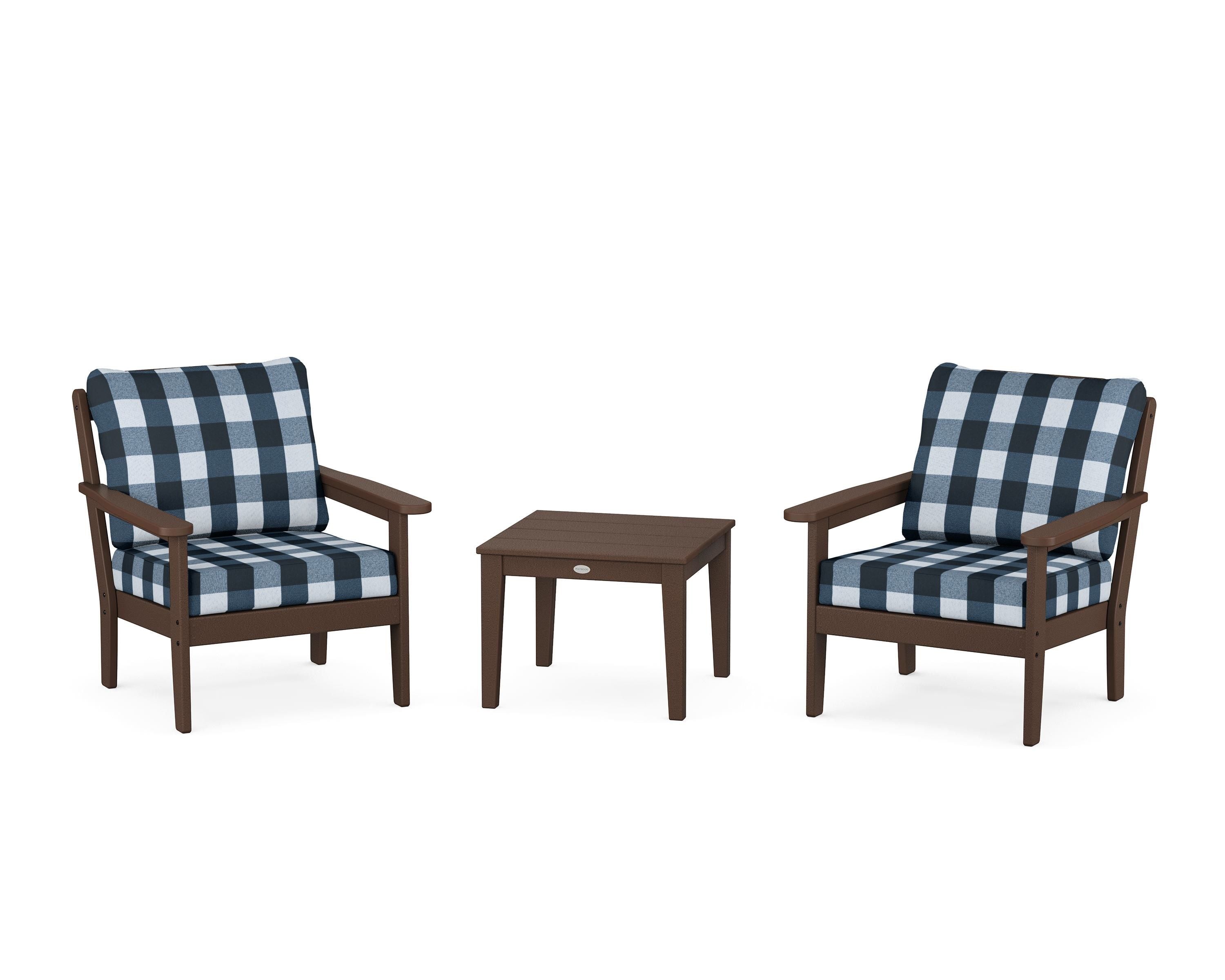 Country Living Cottage 3-Piece Deep Seating Set in Mahogany / Buffalo Plaid Marine Indigo