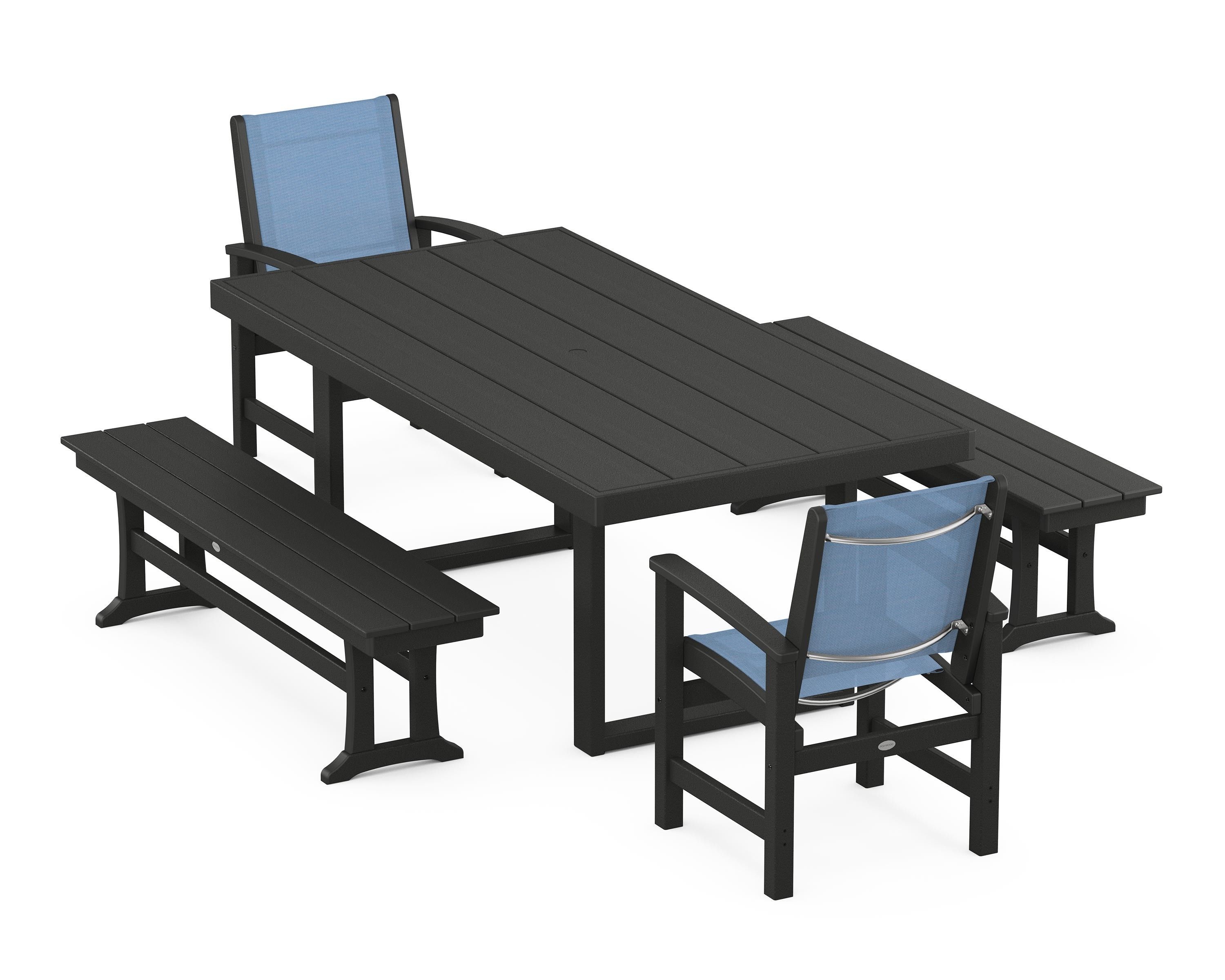 POLYWOOD® Coastal 5-Piece Dining Set with Trestle Legs in Black / Poolside Sling