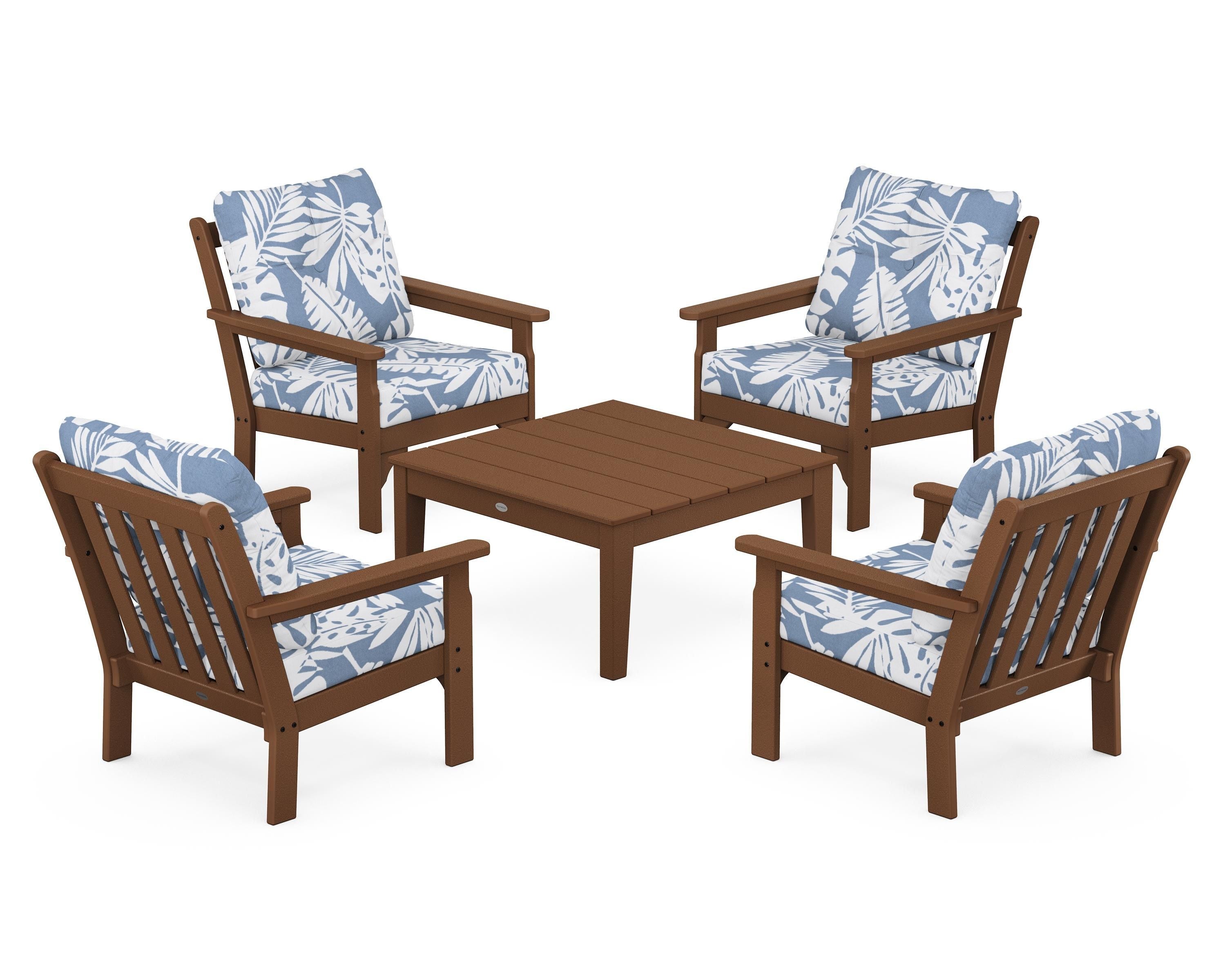 POLYWOOD® Vineyard 5-Piece Deep Seating Conversation Set in Teak / Leaf Sky Blue