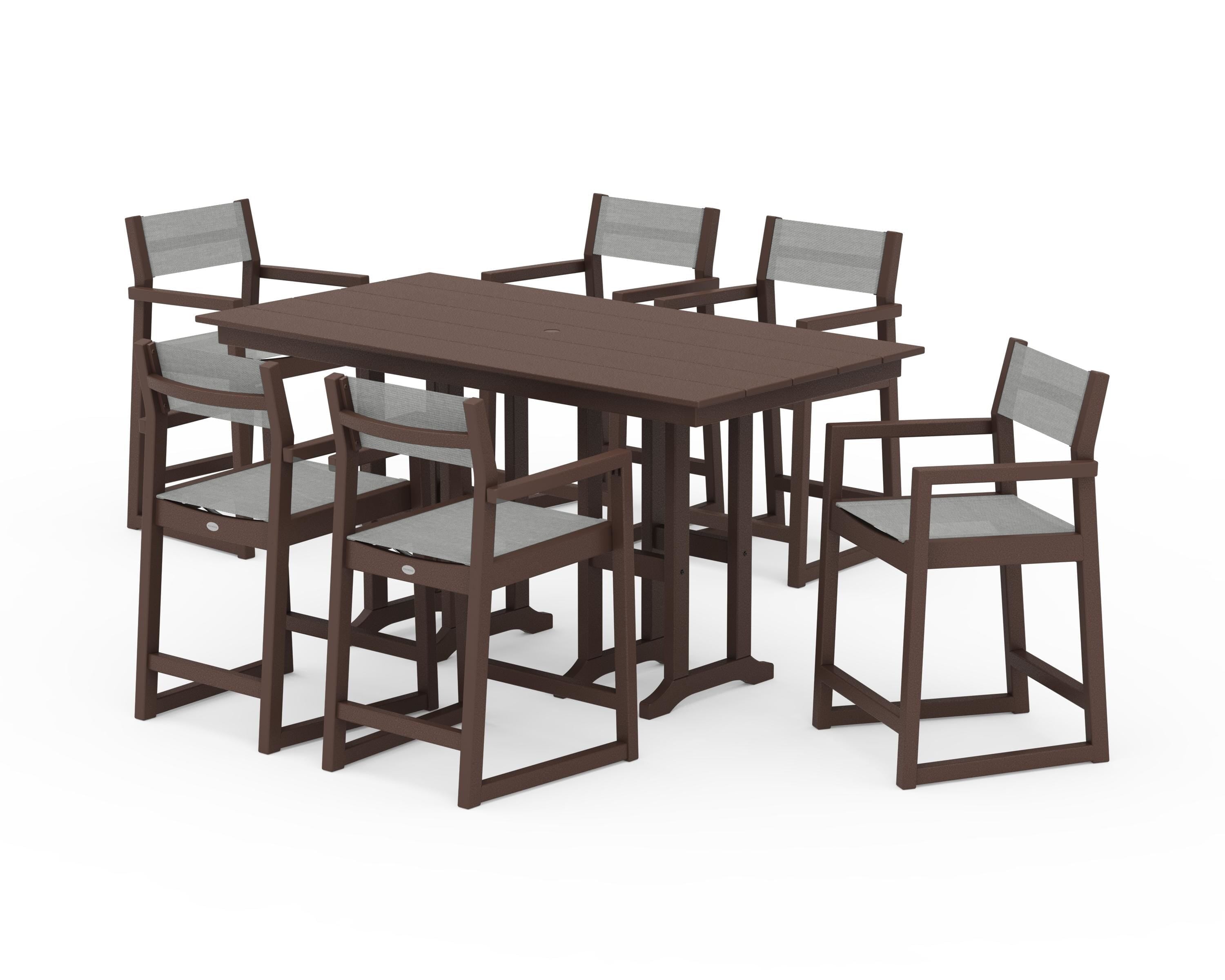 POLYWOOD® EDGE Sling Arm Chair 7-Piece Farmhouse Counter Set in Mahogany / Metallic Sling