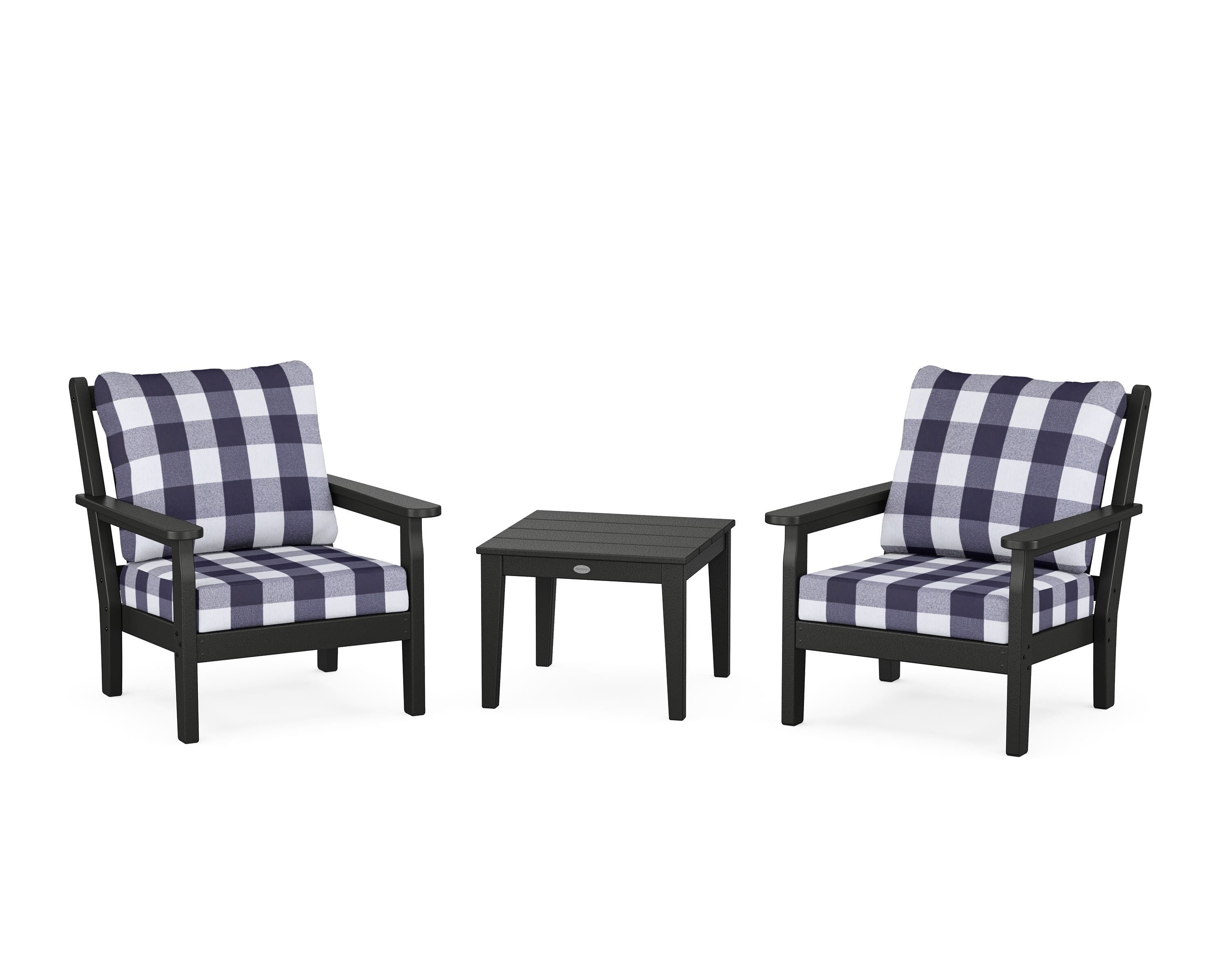 POLYWOOD® Chippendale 3-Piece Deep Seating Set in Black / Buffalo Plaid Navy