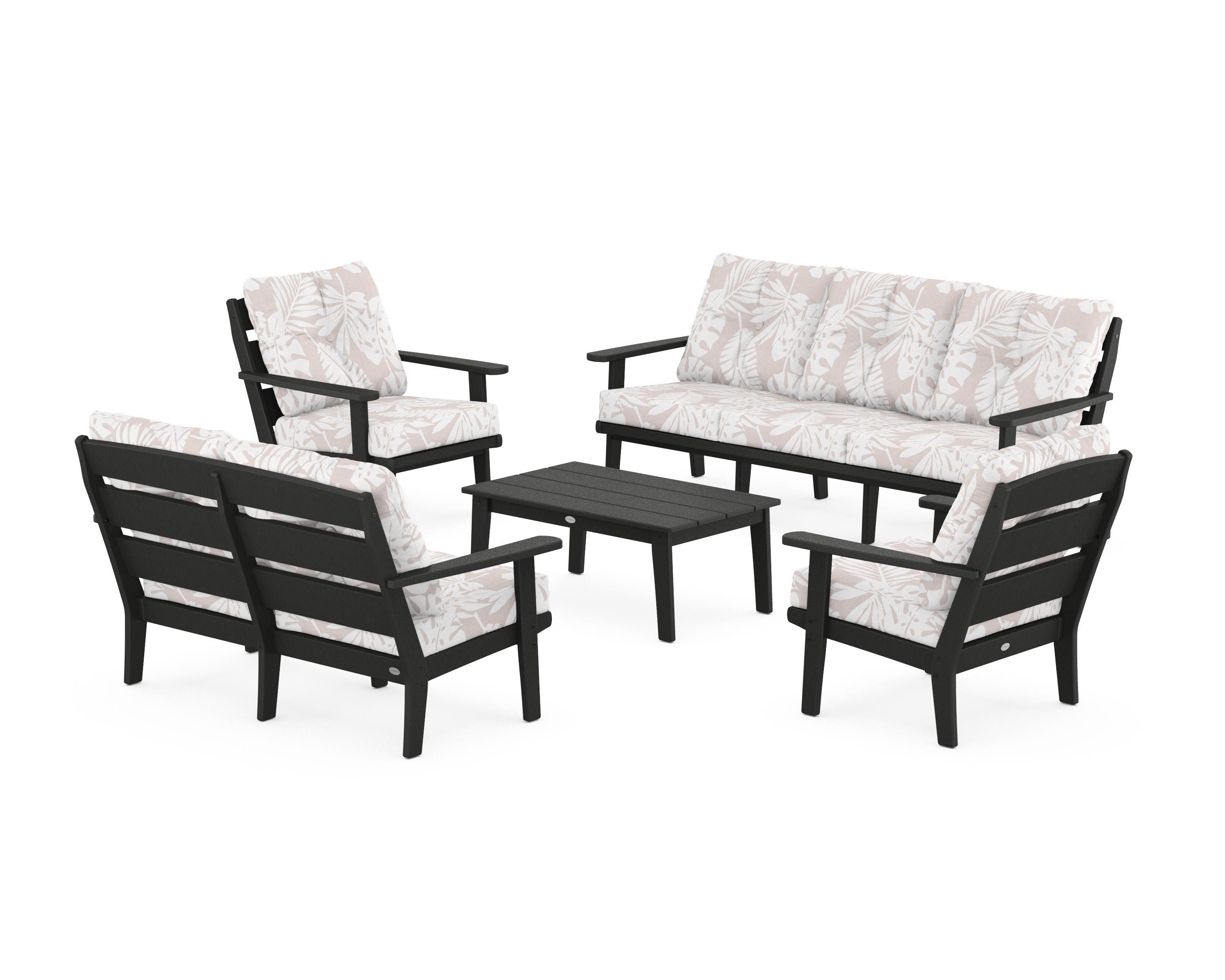 POLYWOOD® Lakeside 5-Piece Lounge Sofa Set in Black / Leaf Dune Burlap
