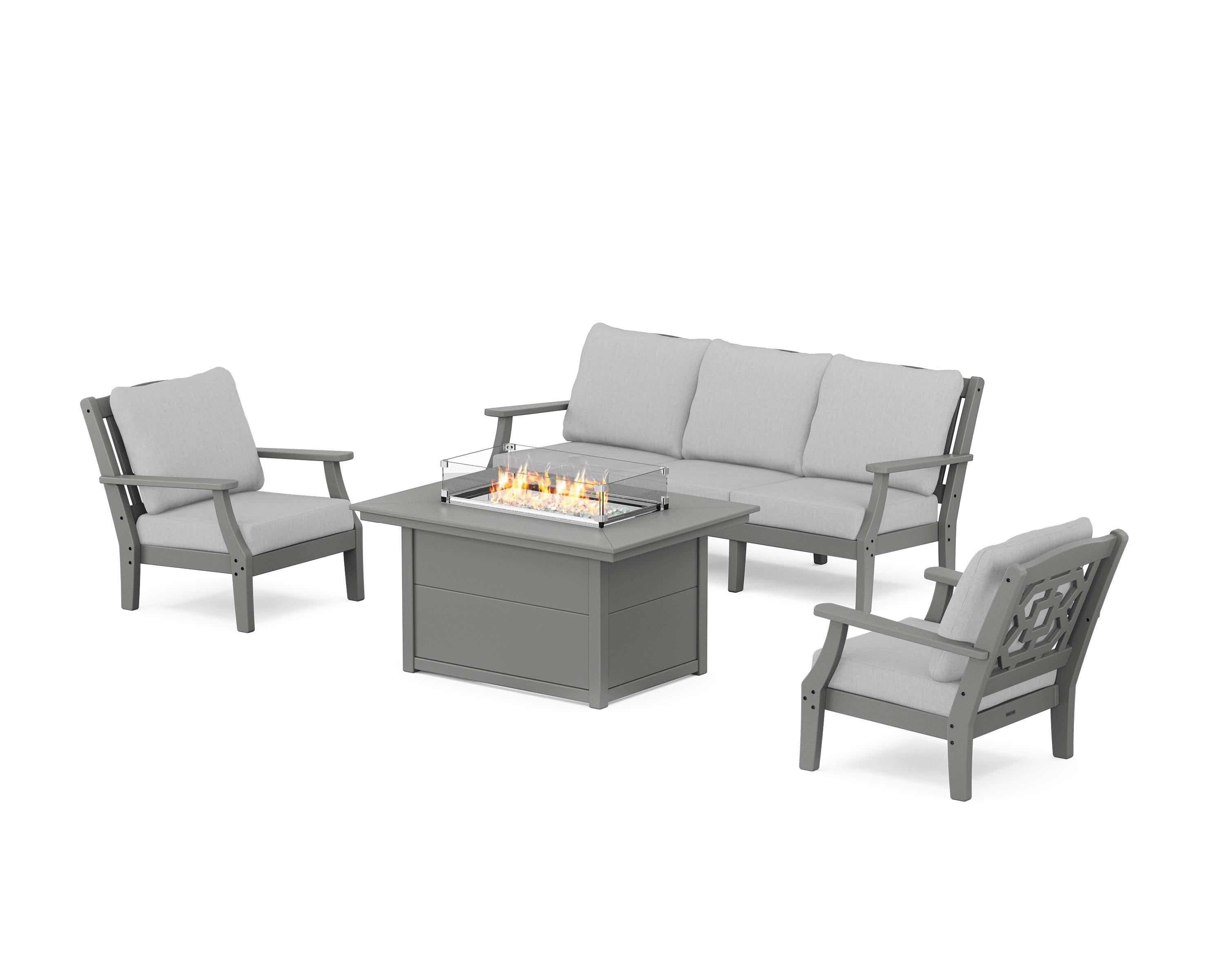 Martha Stewart by POLYWOOD® Chinoiserie Deep Seating Fire Pit Table Set in Slate Grey / Granite