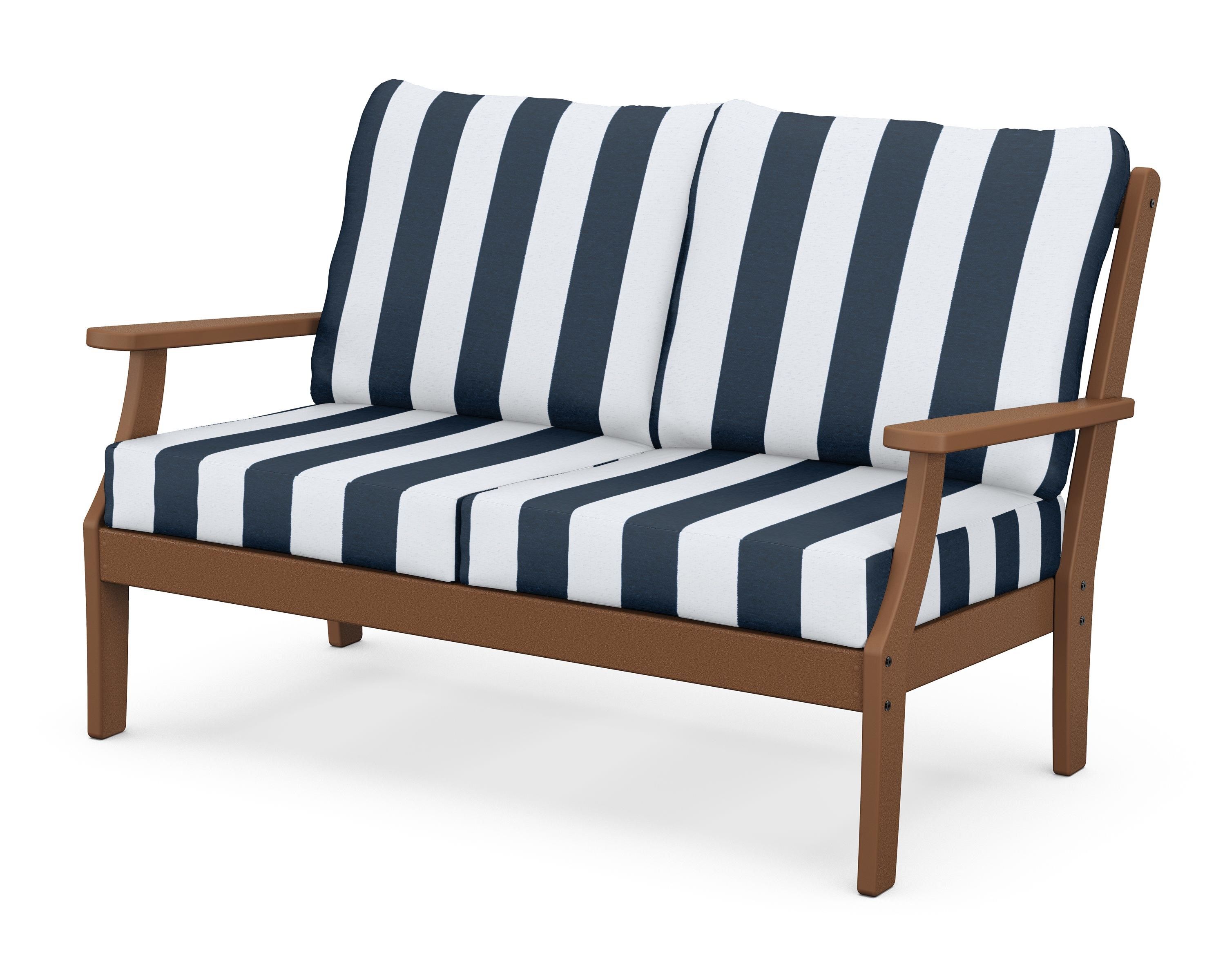 POLYWOOD® Braxton Deep Seating Loveseat in Teak / Cabana Stripe Marine Indigo
