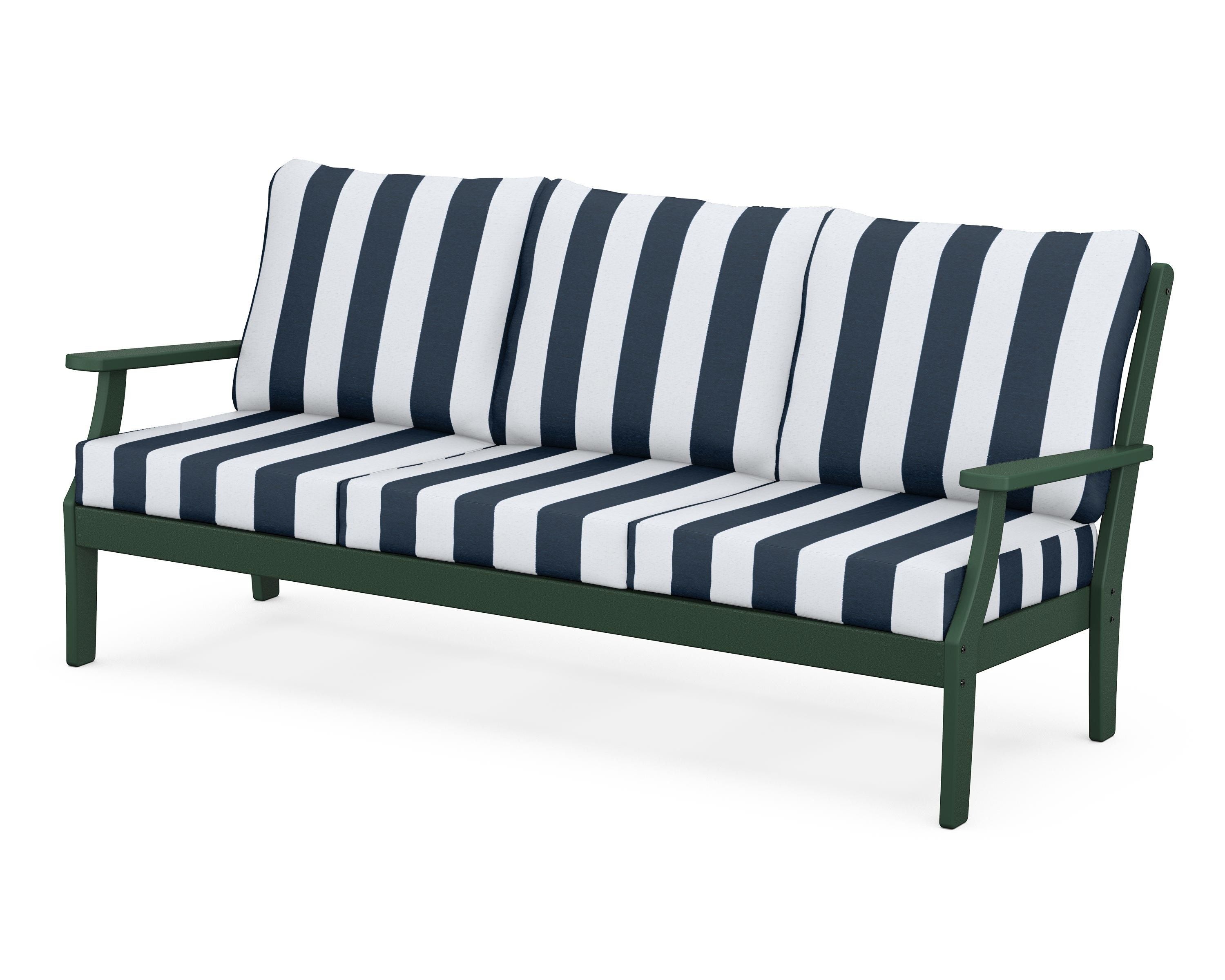 POLYWOOD® Braxton Deep Seating Sofa in Green / Cabana Stripe Marine Indigo