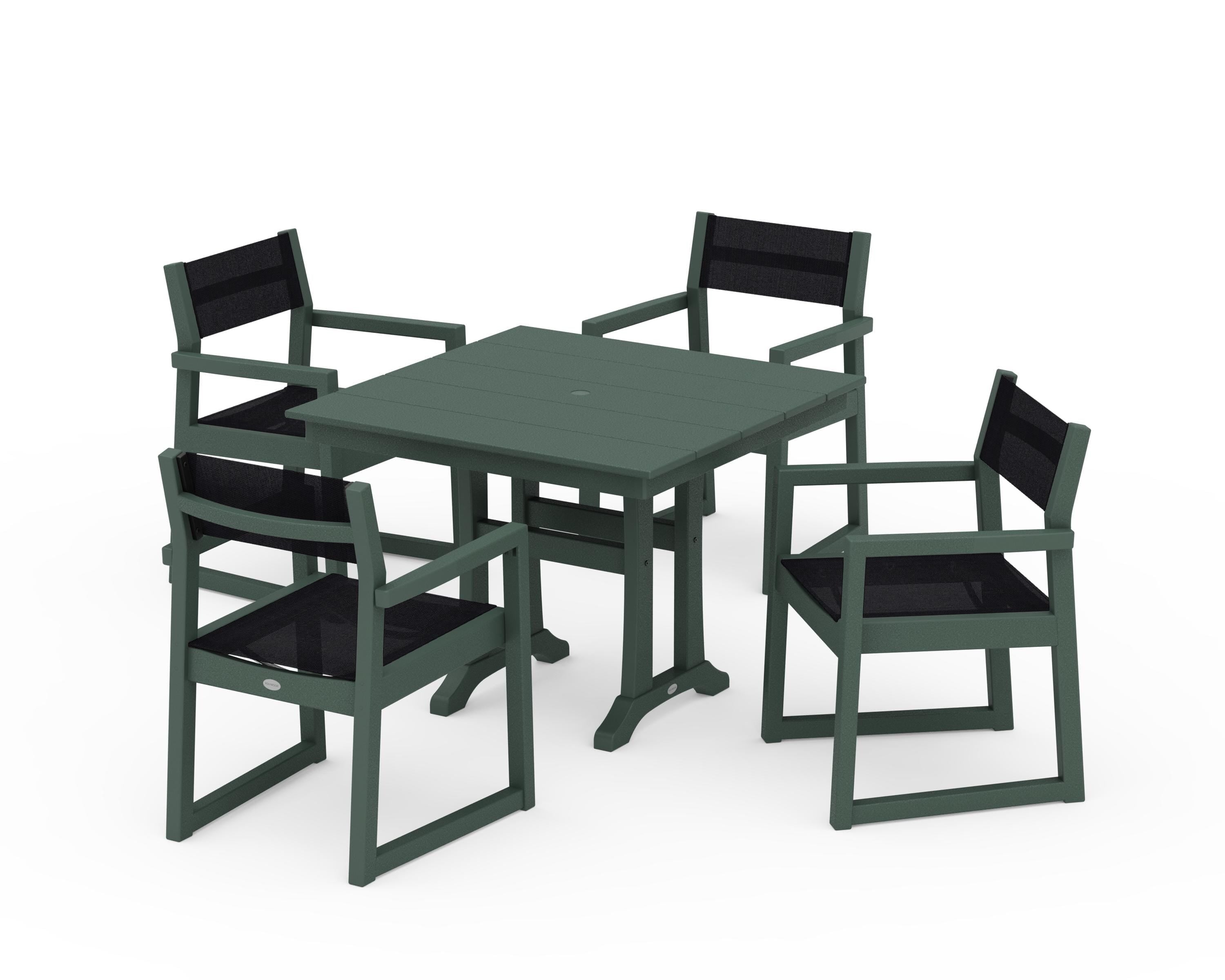 POLYWOOD® EDGE Sling 5-Piece Farmhouse Dining Set with Trestle Legs in Green / Black Sling