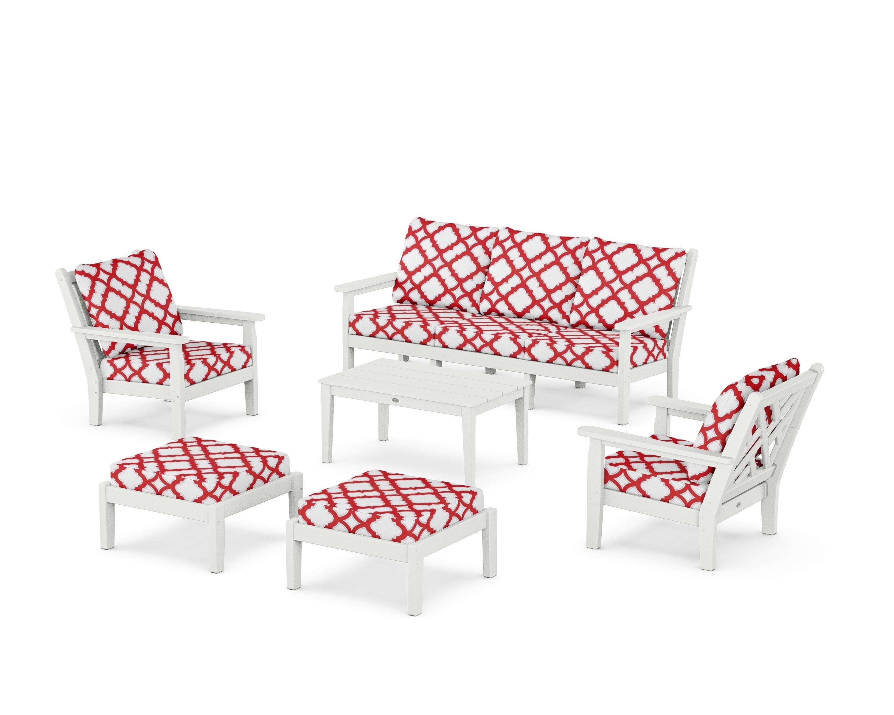 POLYWOOD® Chippendale 6-Piece Lounge Sofa Set in White / Trellis Crimson
