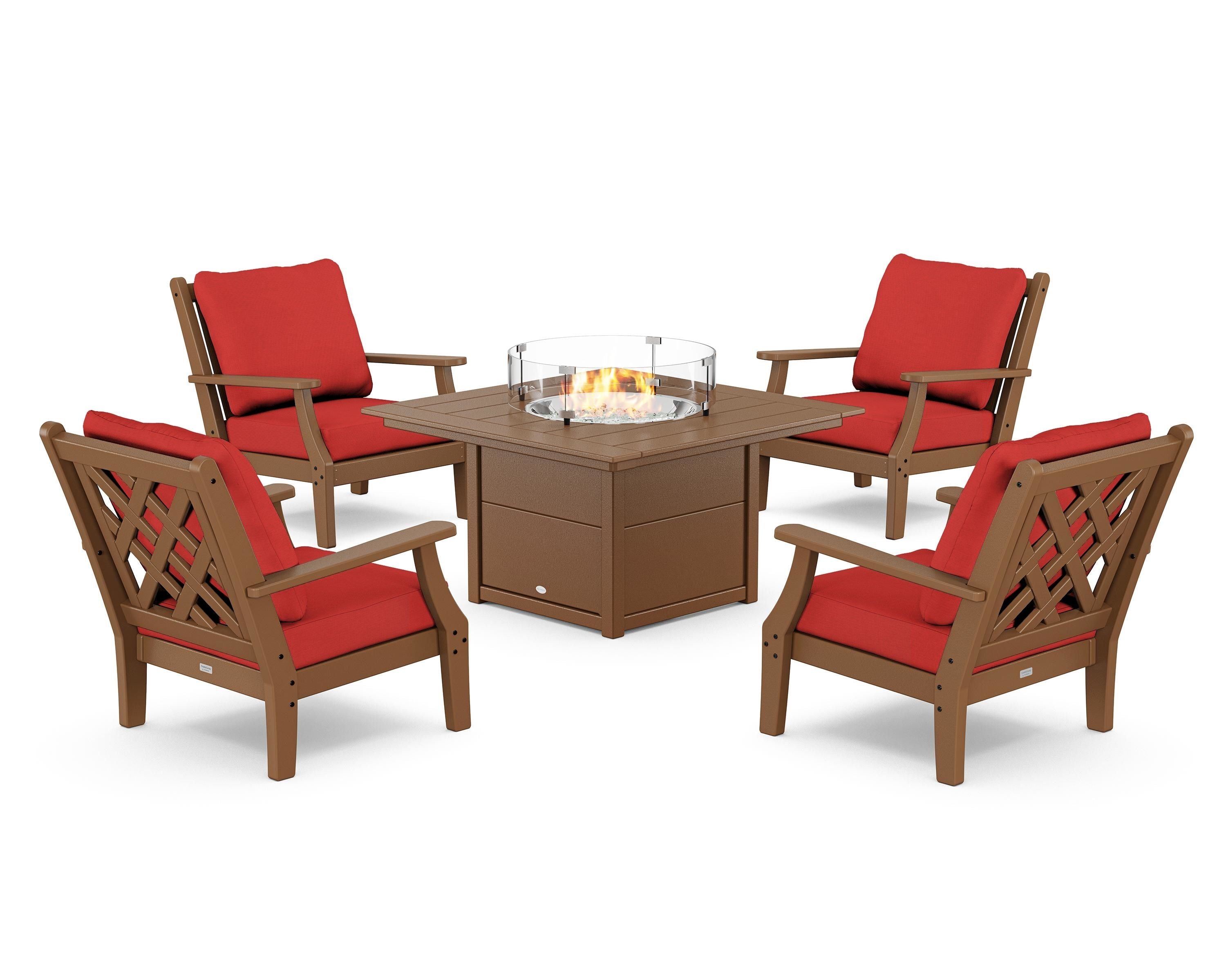 Country Living Wovendale 5-Piece Deep Seating Set with Fire Pit Table in Teak / Crimson Linen