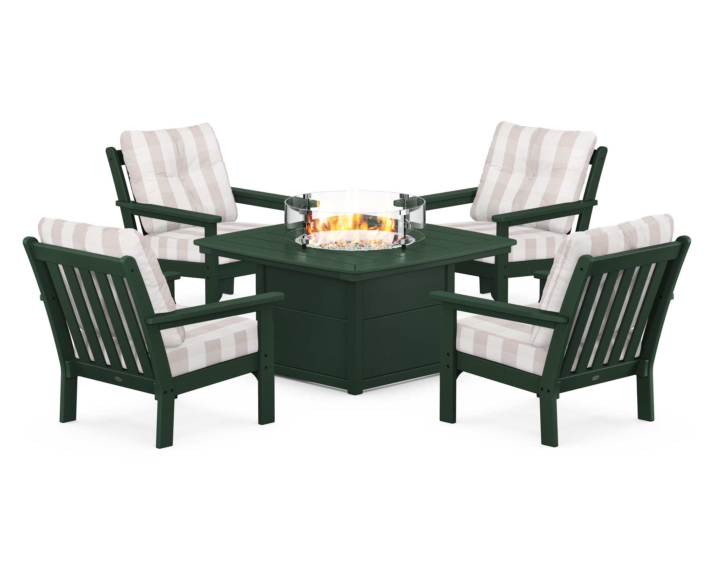 POLYWOOD® Vineyard 5-Piece Conversation Set with Fire Pit Table in Green / Buffalo Plaid Dune Burlap