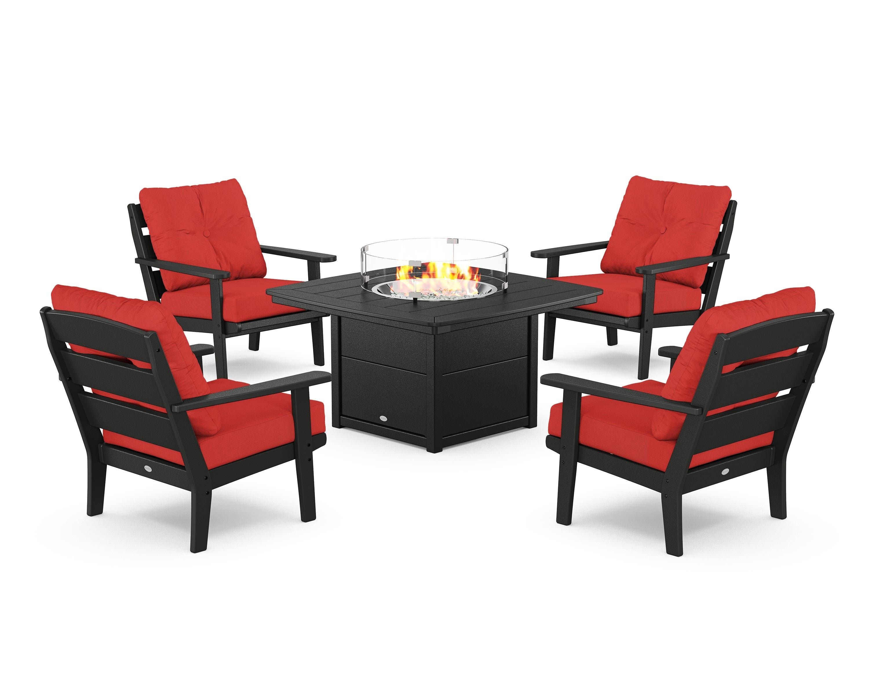 POLYWOOD® Lakeside 5-Piece Deep Seating Set with Nautical Fire Pit Table in Black / Crimson Linen
