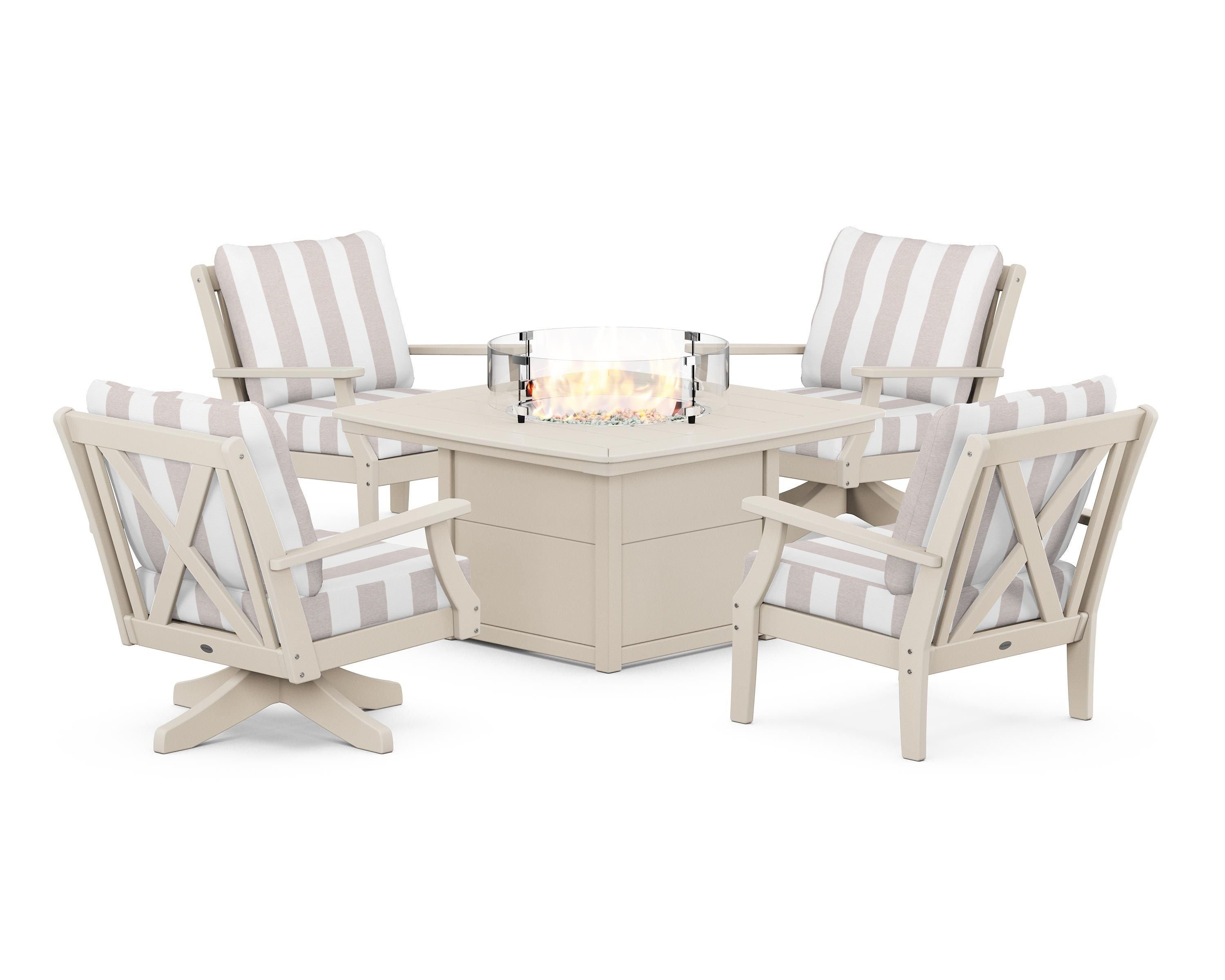 POLYWOOD® Braxton 5-Piece Deep Seating Set with Fire Table in Sand / Cabana Stripe Dune Burlap