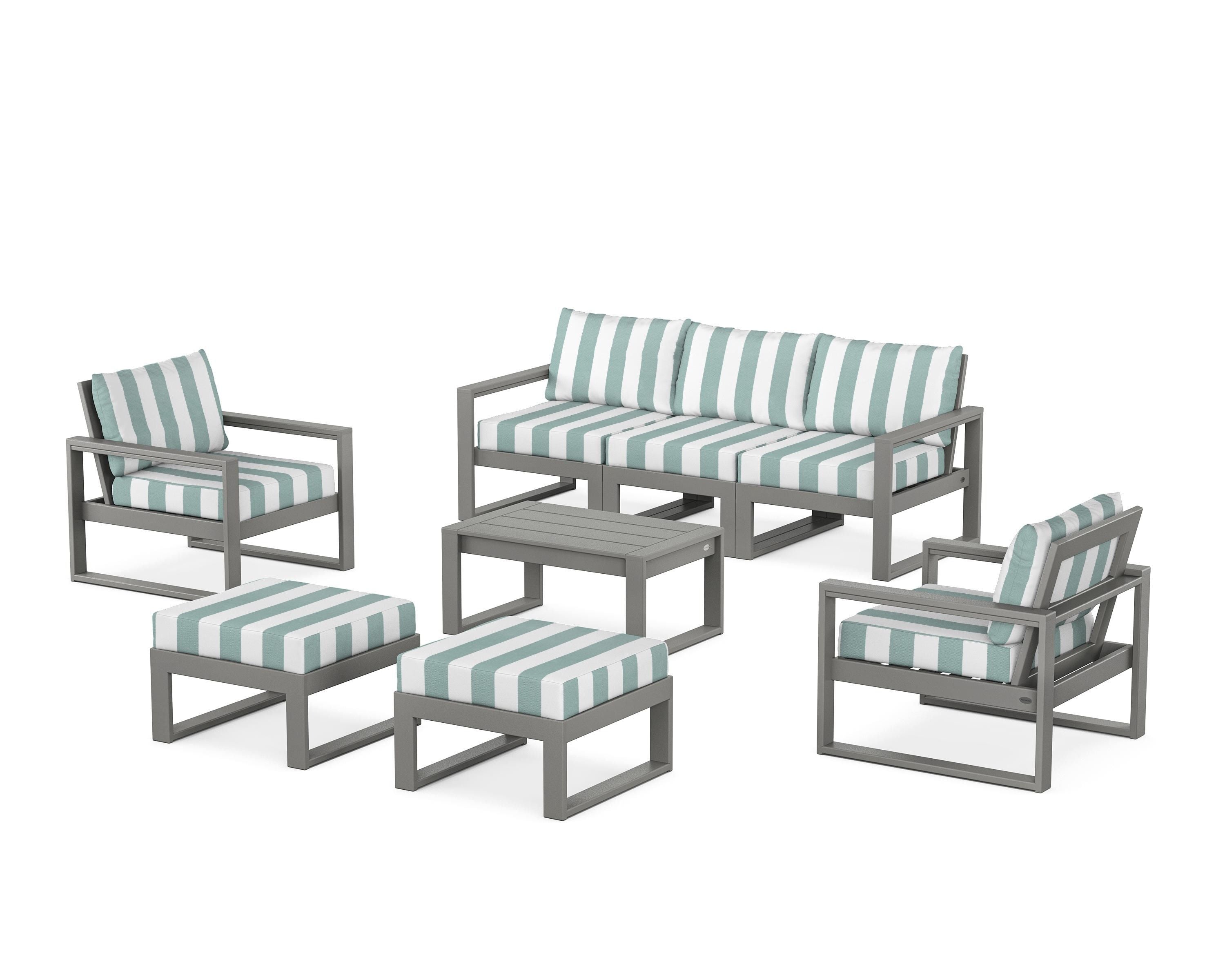 POLYWOOD® EDGE Sectional 8-Piece Lounge Sofa Set in Slate Grey / Cabana Stripe Glacier Spa