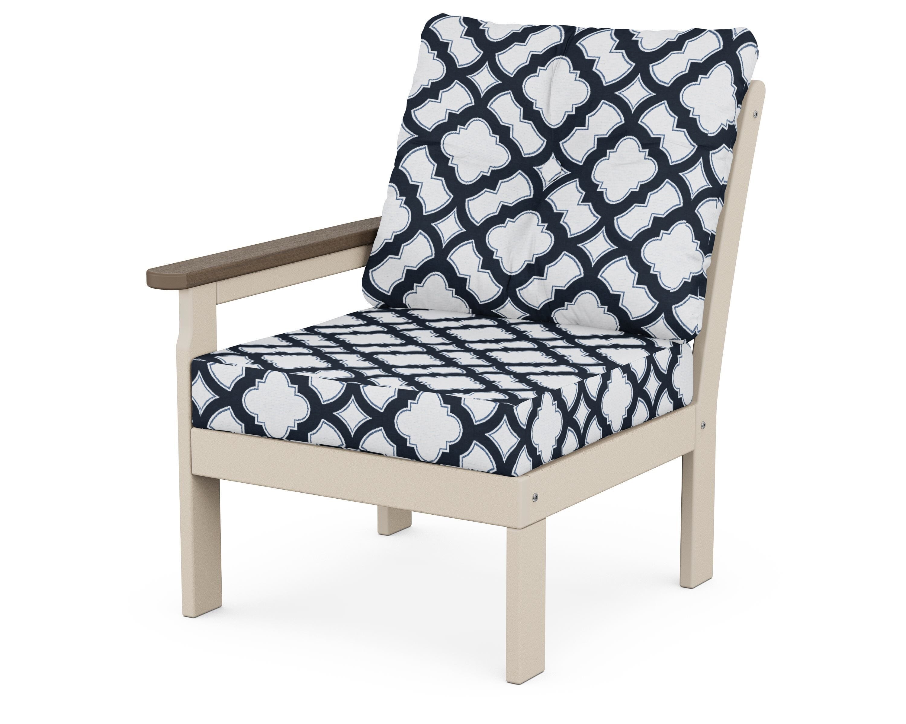 POLYWOOD® Vineyard Modular Left Arm Chair in Sand / Kona / Trellis Marine Indigo