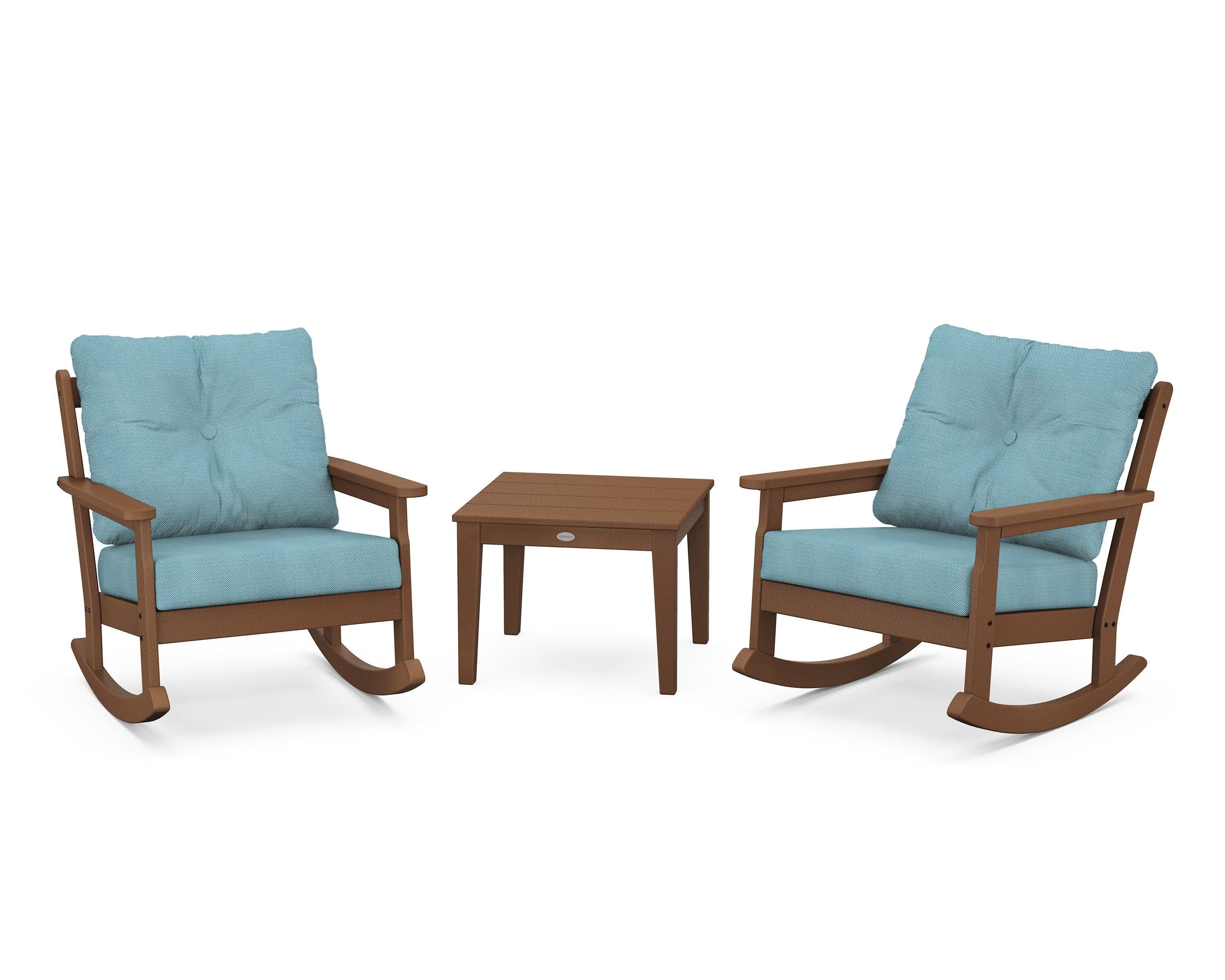 POLYWOOD® Vineyard 3-Piece Deep Seating Rocker Set in Teak / Lattice Sky Blue