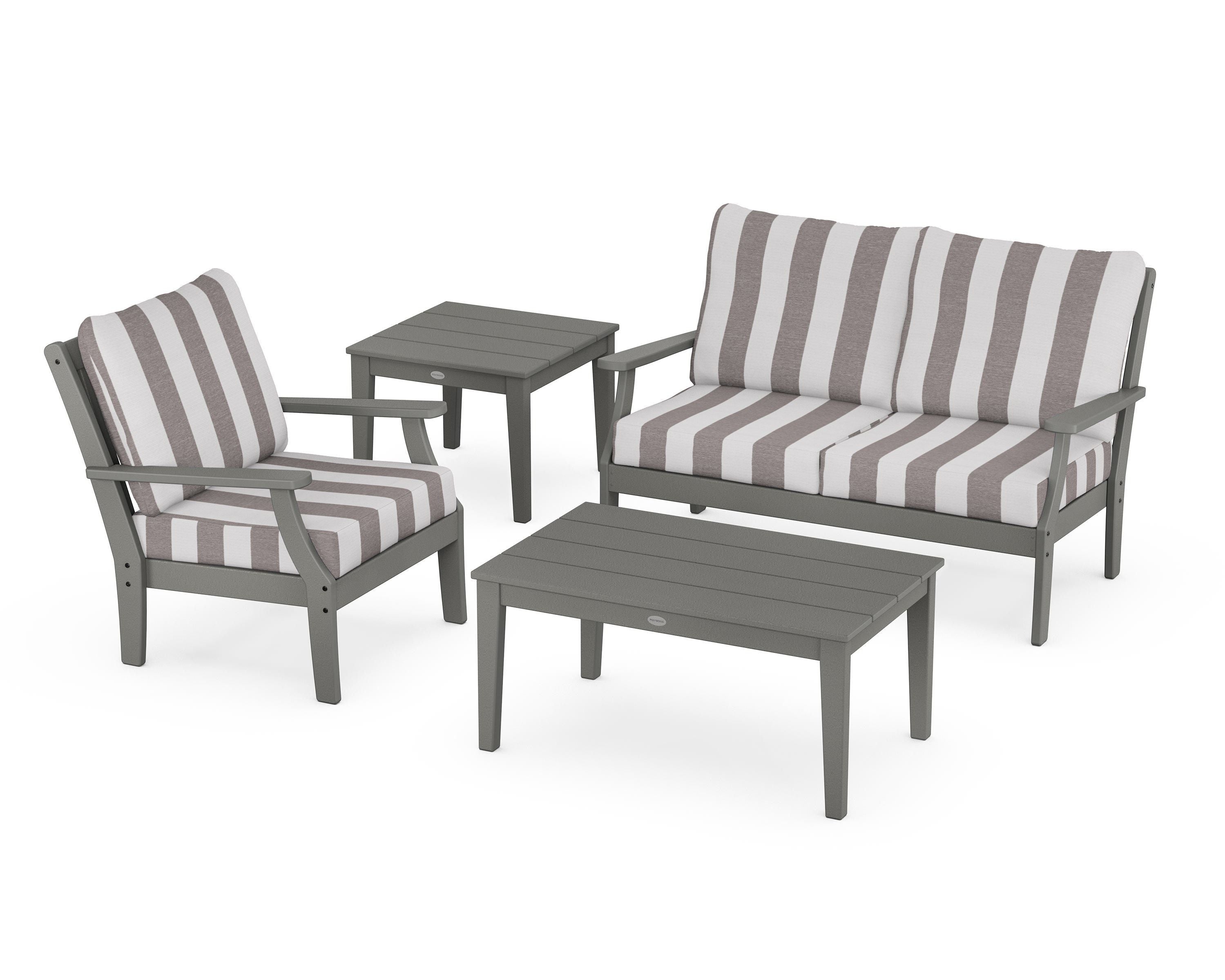 POLYWOOD® Braxton 4-Piece Deep Seating Set in Slate Grey / Cabana Stripe Grey Mist