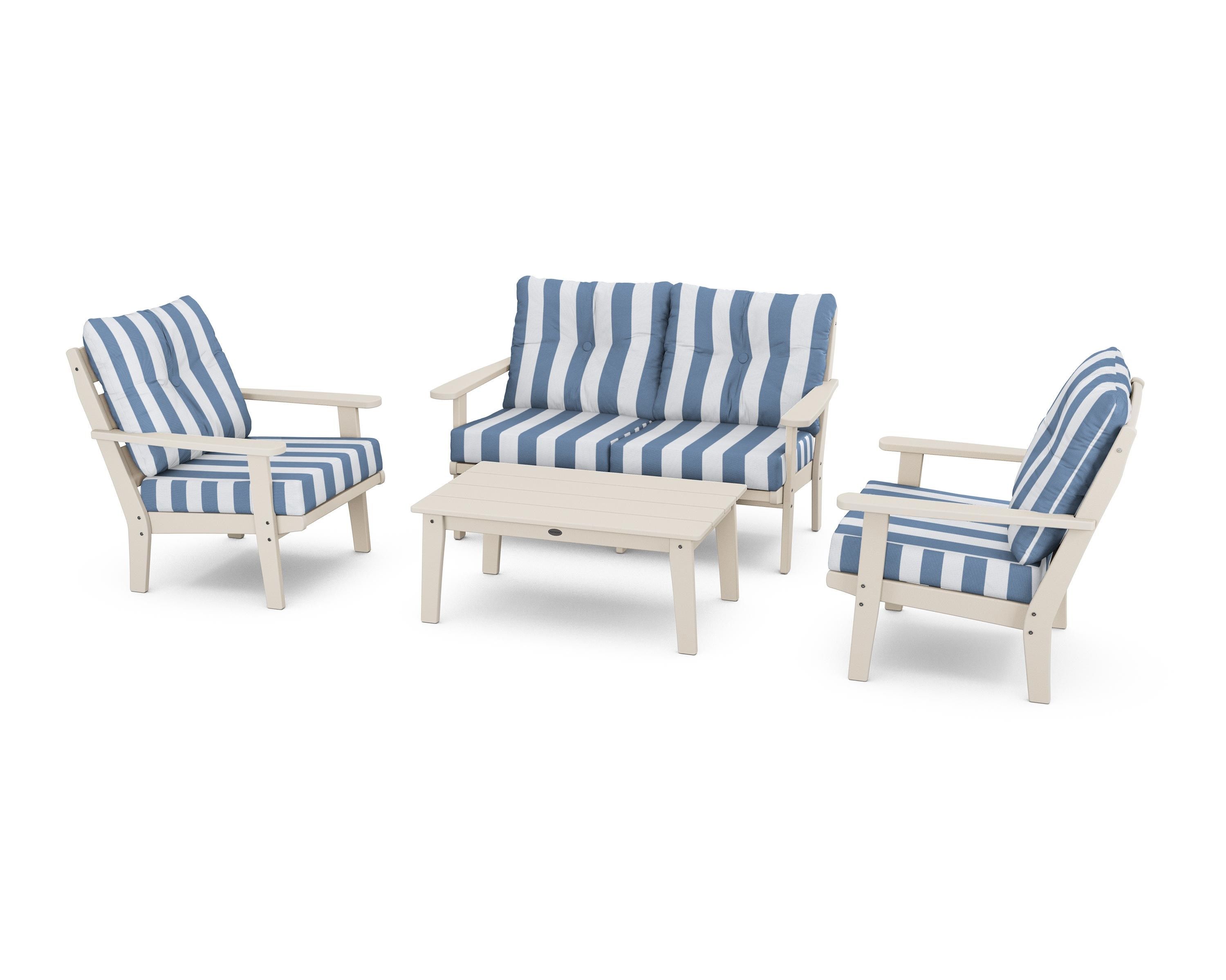 POLYWOOD® Lakeside 4-Piece Deep Seating Set in Sand / Cabana Stripe Sky Blue