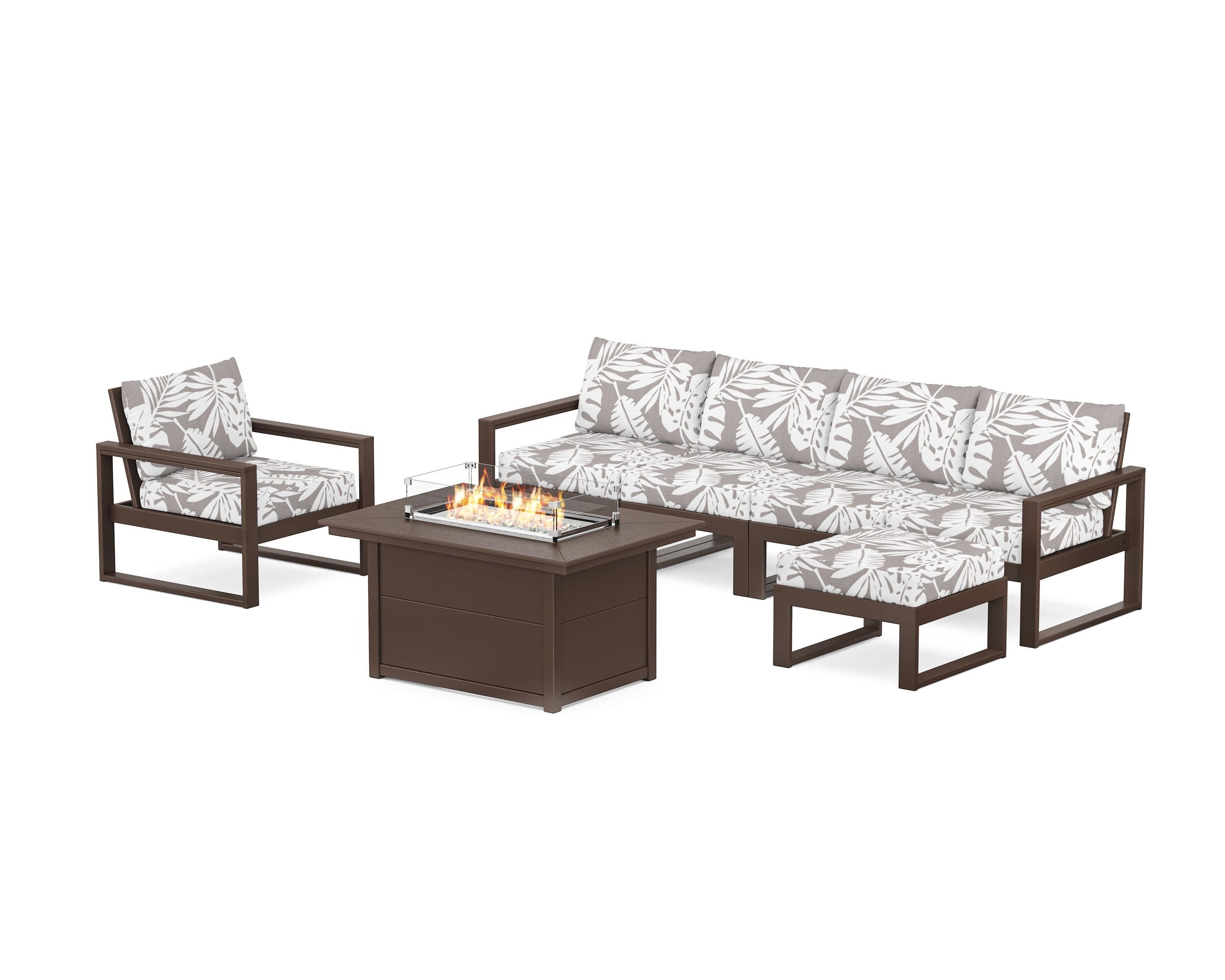 POLYWOOD® EDGE Sectional Lounge and Fire Pit Set in Mahogany / Leaf Grey Mist
