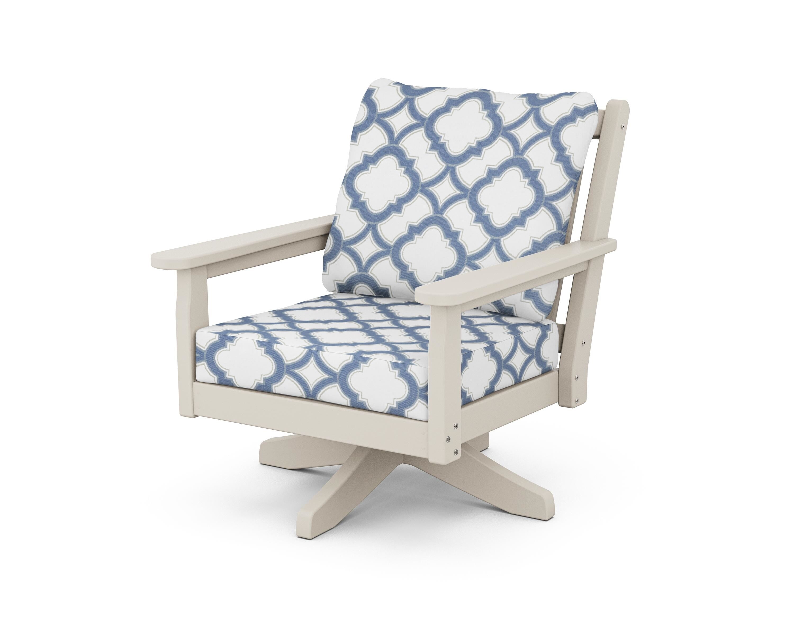POLYWOOD® Chippendale Deep Seating Swivel Chair in Sand / Trellis Sky Blue