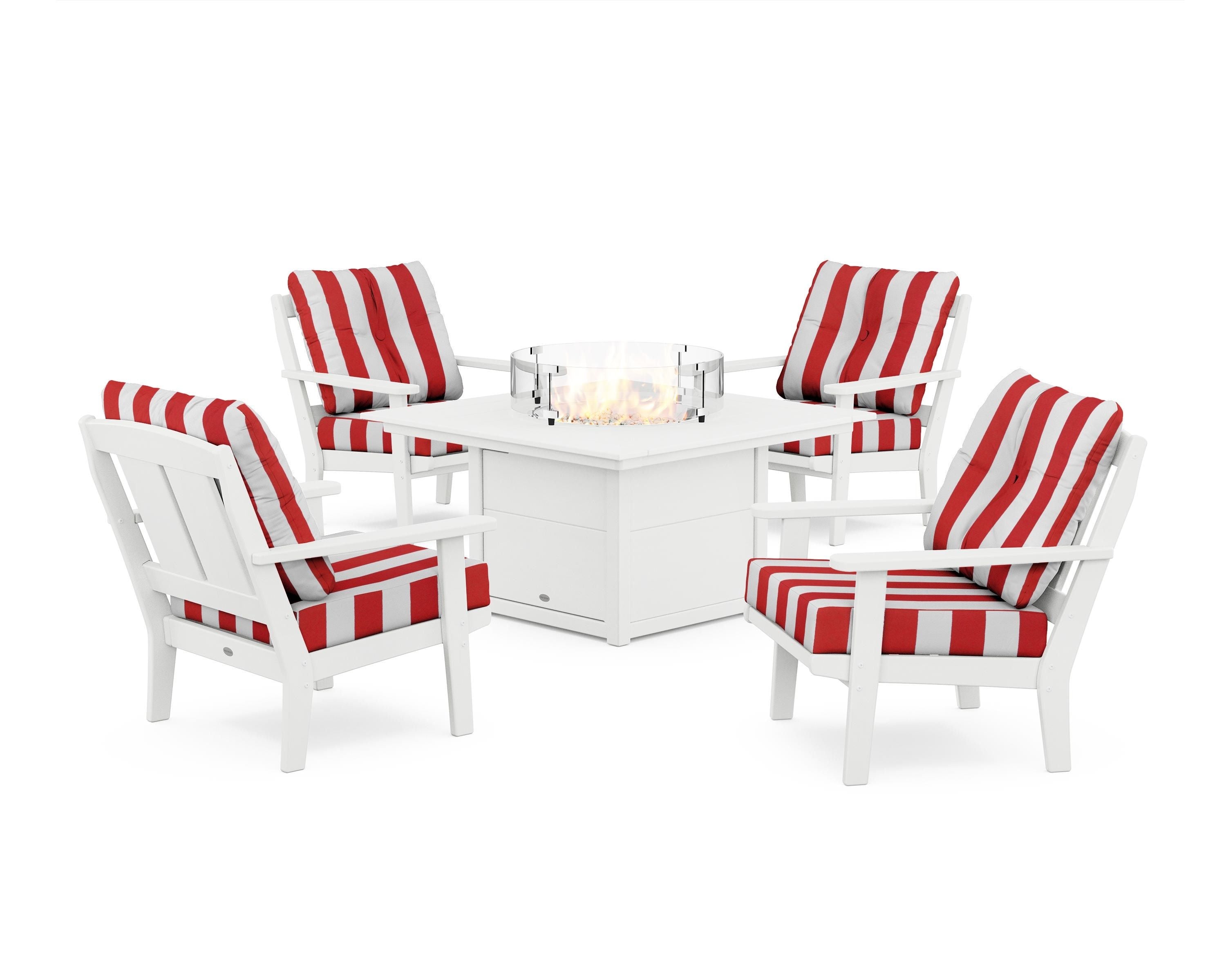 POLYWOOD® Mission 5-Piece Deep Seating Set with Fire Pit Table in White / Cabana Stripe Crimson