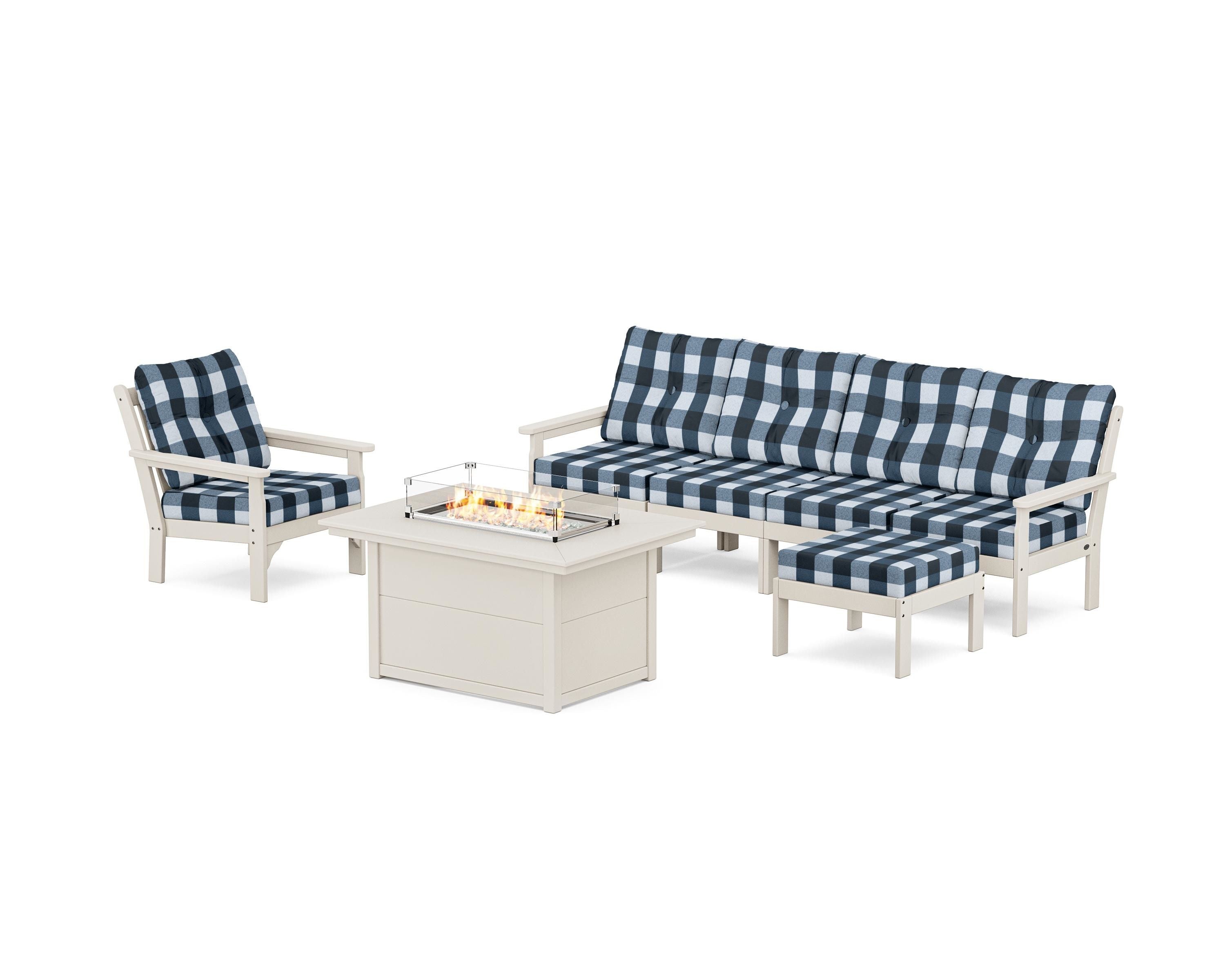POLYWOOD® Vineyard Sectional Lounge and Fire Pit Set in Sand / Buffalo Plaid Marine Indigo