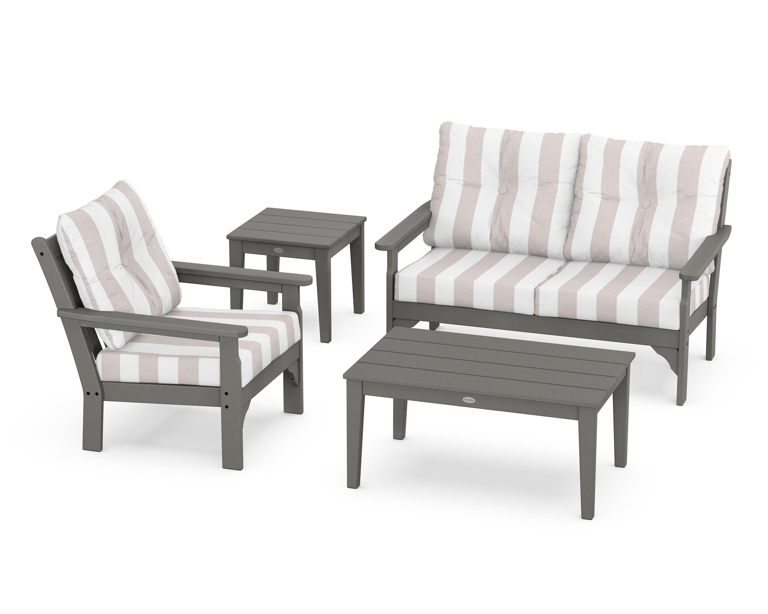 POLYWOOD® Vineyard 4-Piece Deep Seating Set in Slate Grey / Cabana Stripe Dune Burlap