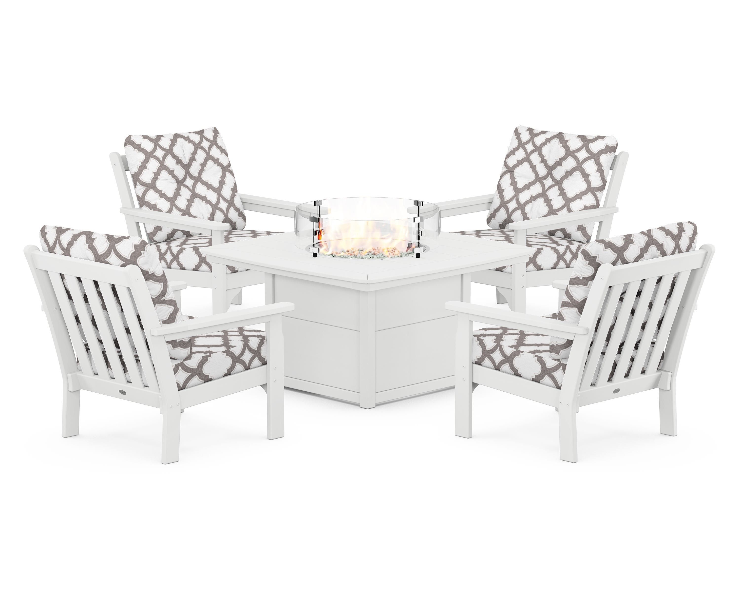 POLYWOOD® Vineyard 5-Piece Conversation Set with Fire Pit Table in White / Trellis Grey Mist