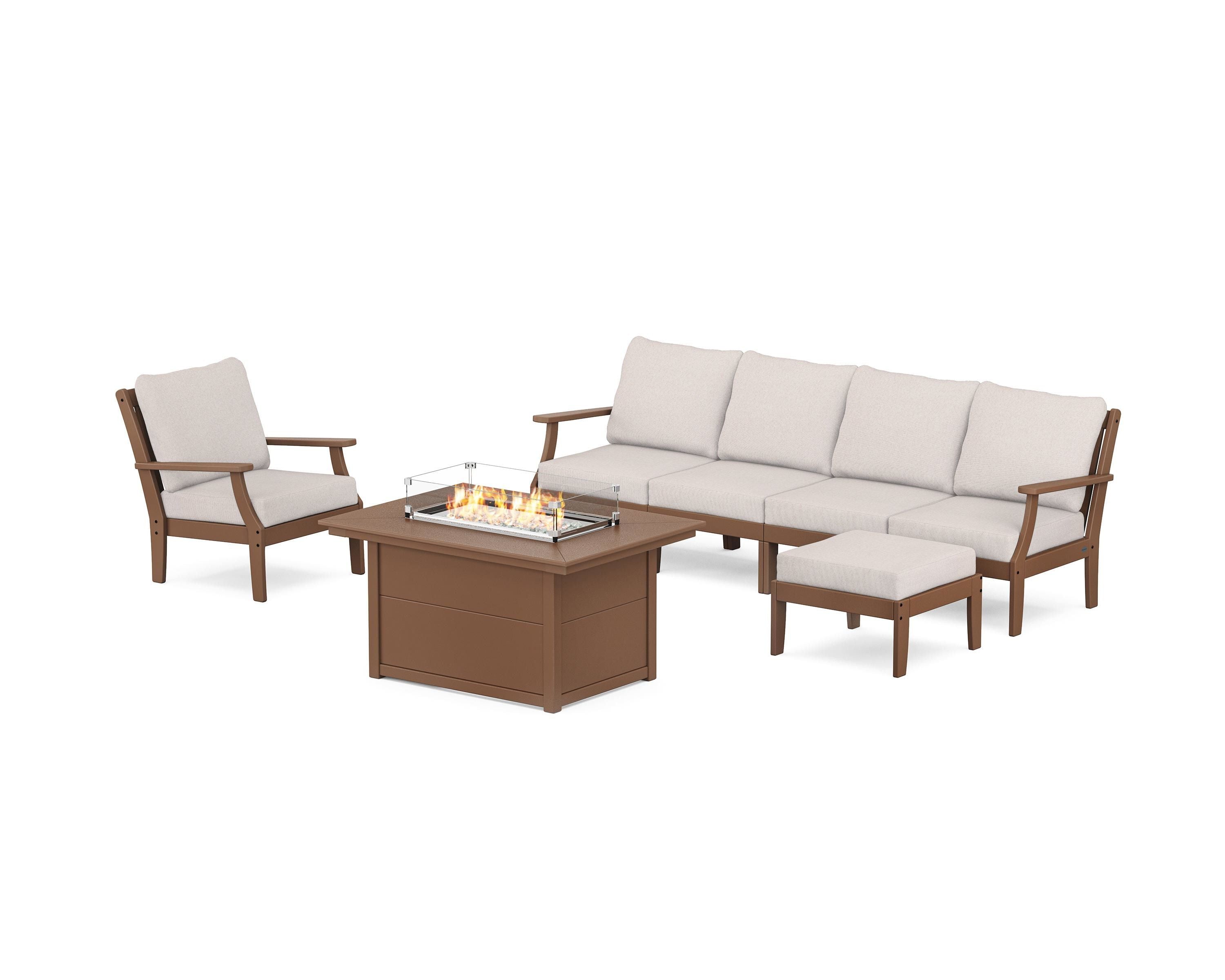POLYWOOD® Braxton Sectional Lounge and Fire Pit Set in Teak / Dune Burlap