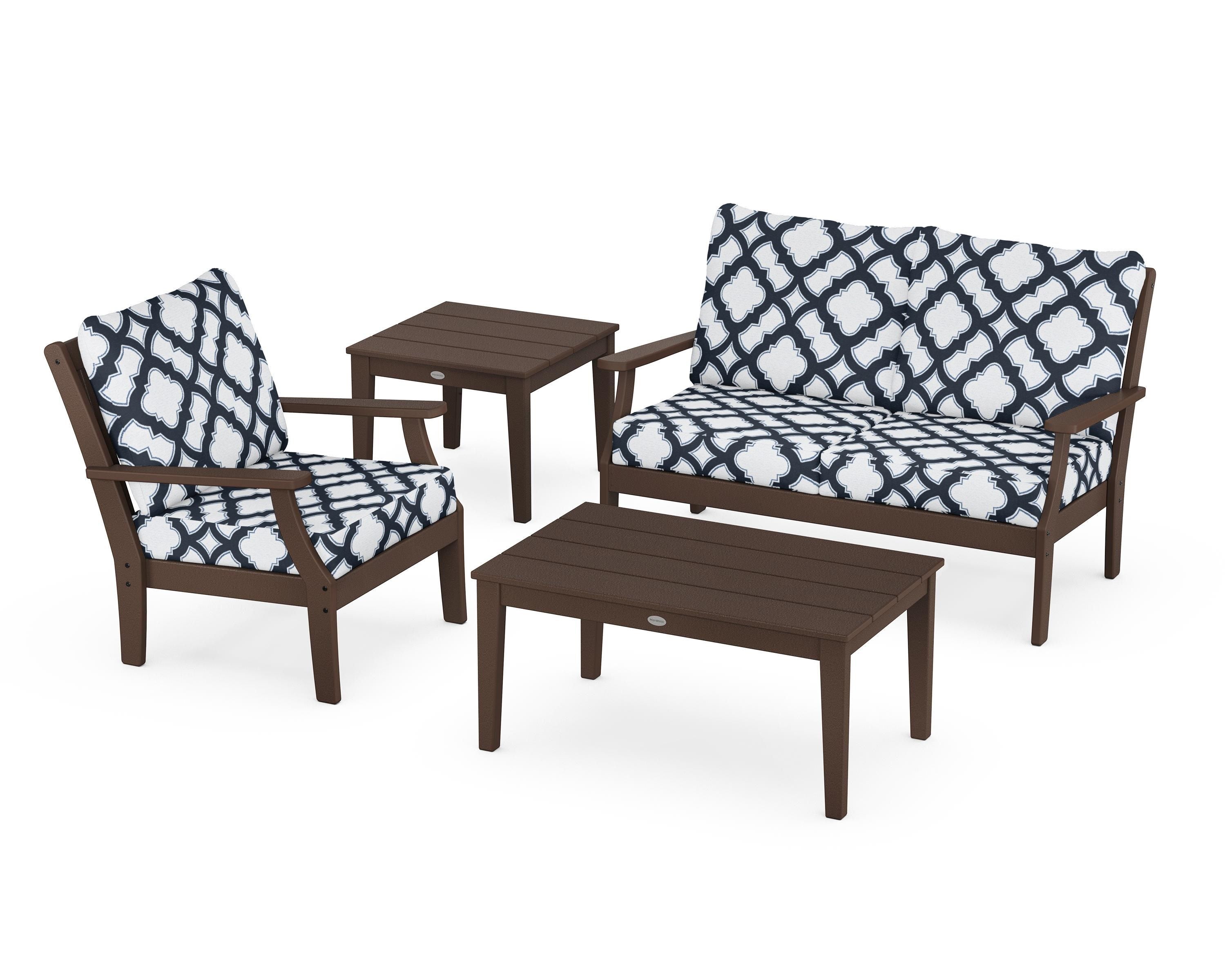 POLYWOOD® Braxton 4-Piece Deep Seating Set in Mahogany / Trellis Marine Indigo