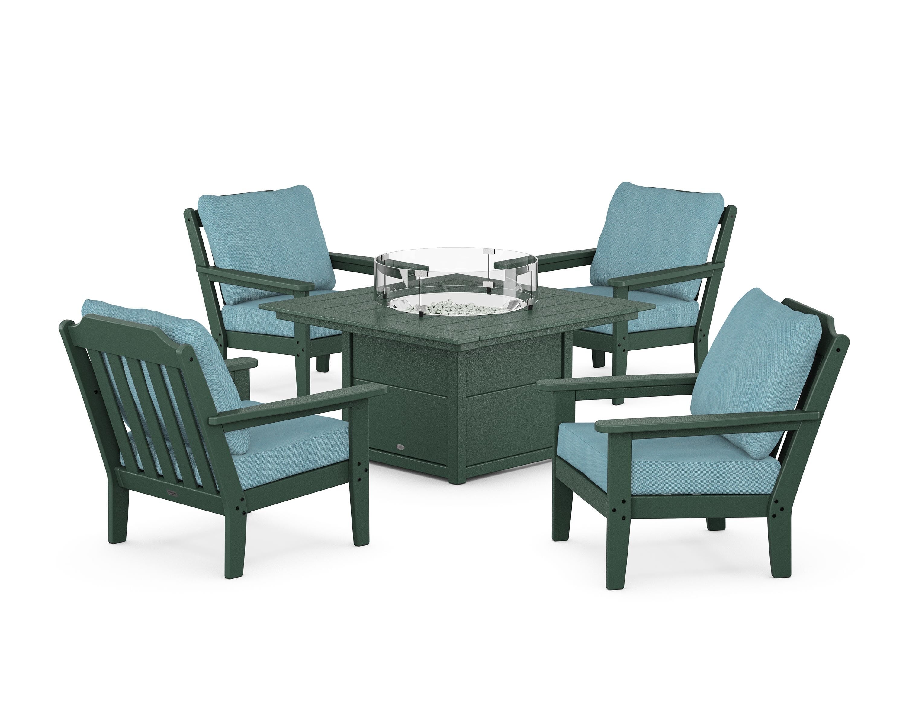 Country Living Cottage 5-Piece Deep Seating Set with Fire Pit Table in Green / Lattice Sky Blue