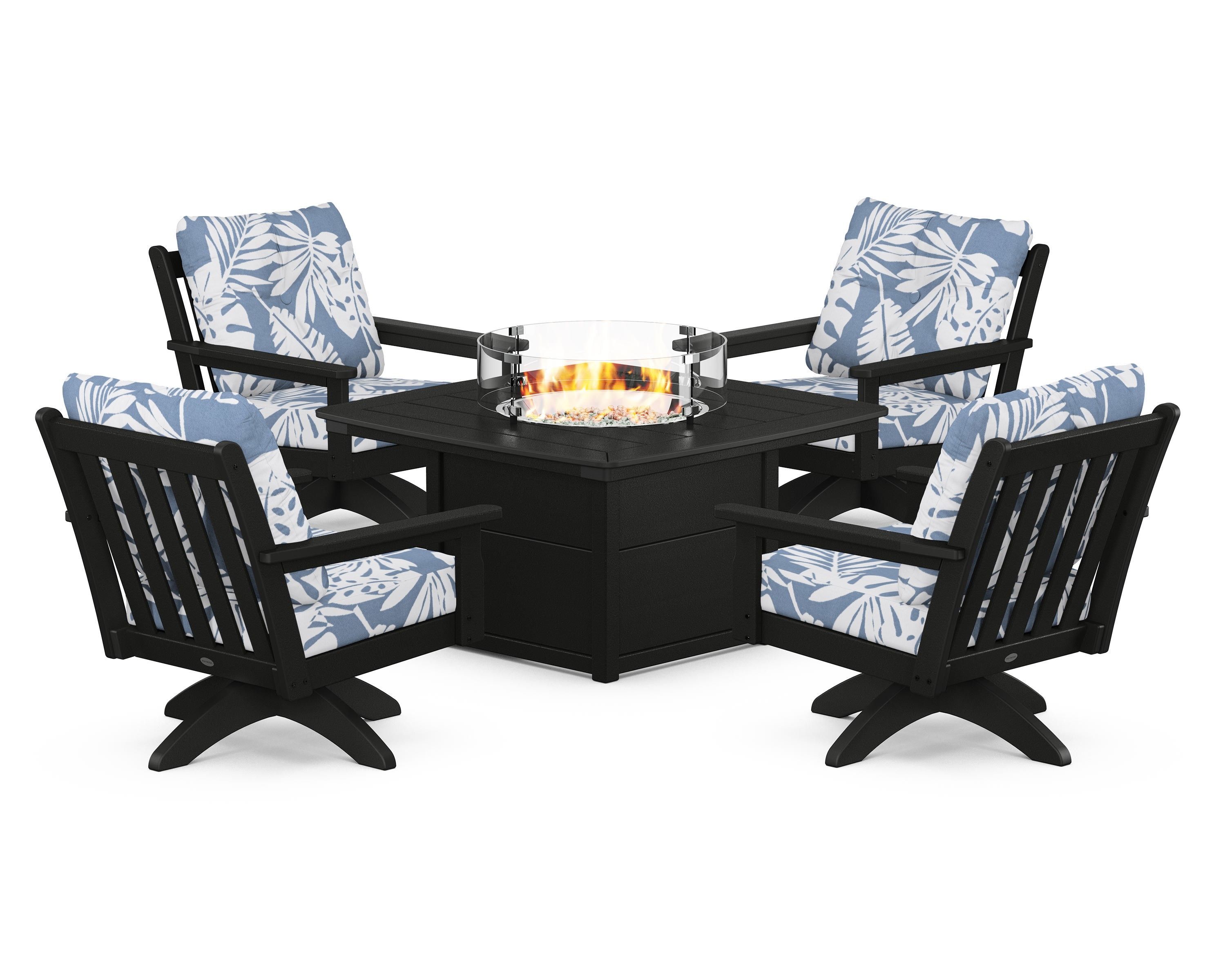 POLYWOOD® Vineyard 5-Piece Deep Seating Swivel Conversation Set with Fire Pit Table in Black / Leaf Sky Blue