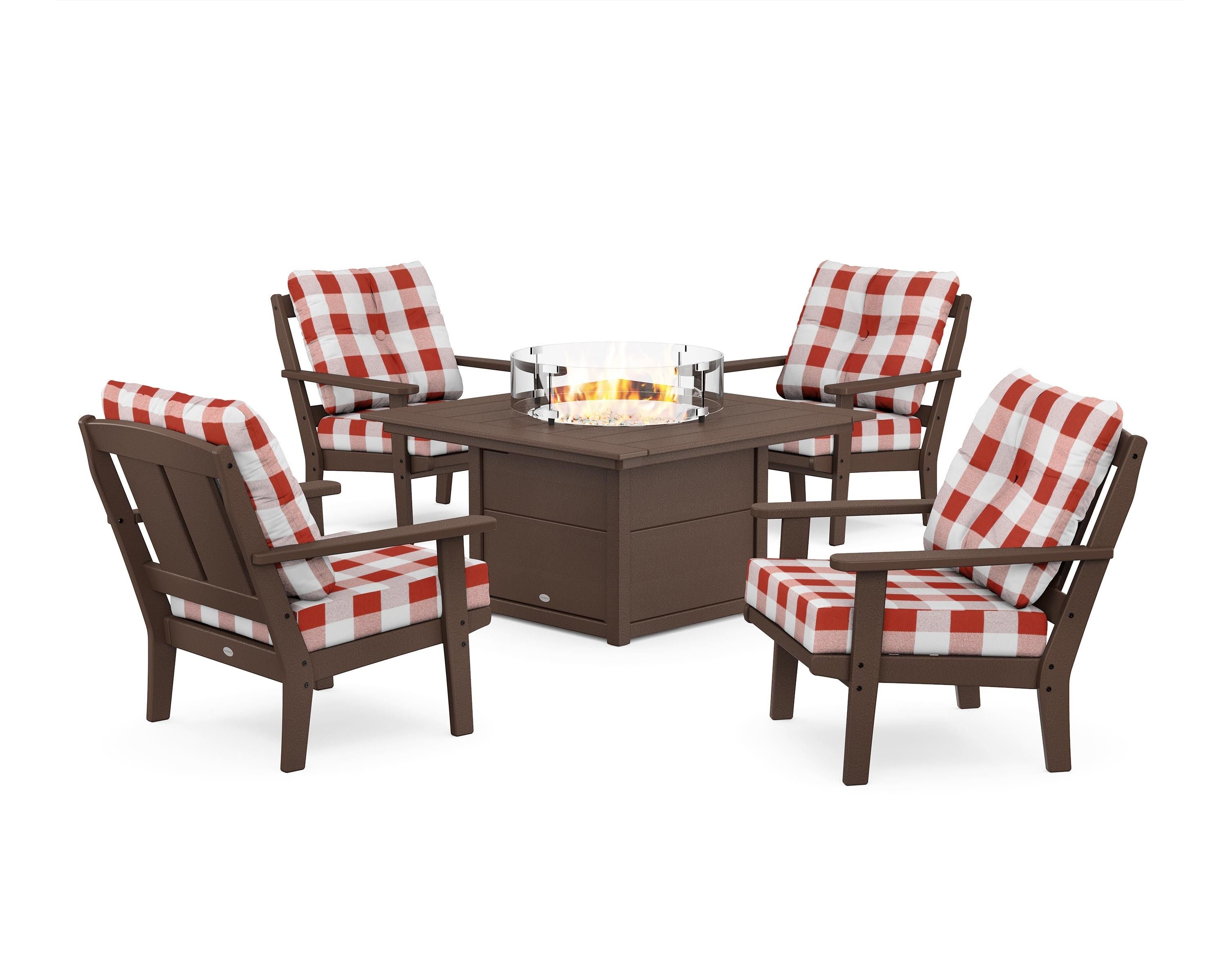 POLYWOOD® Mission 5-Piece Deep Seating Set with Fire Pit Table in Mahogany / Buffalo Plaid Crimson