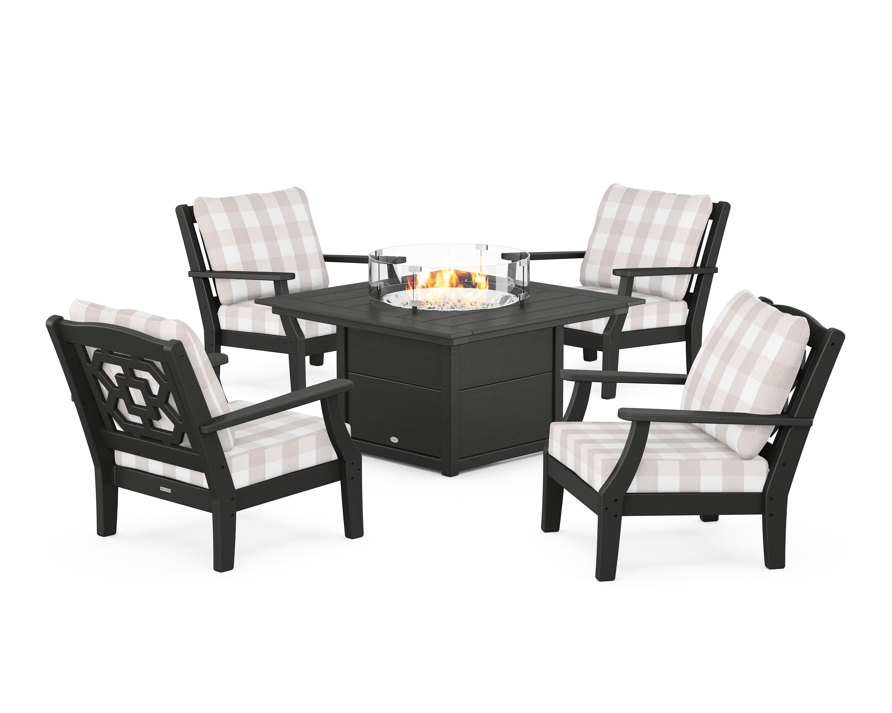 Martha Stewart by POLYWOOD® Chinoiserie 5-Piece Deep Seating Set with Fire Pit Table in Black / Buffalo Plaid Dune Burlap