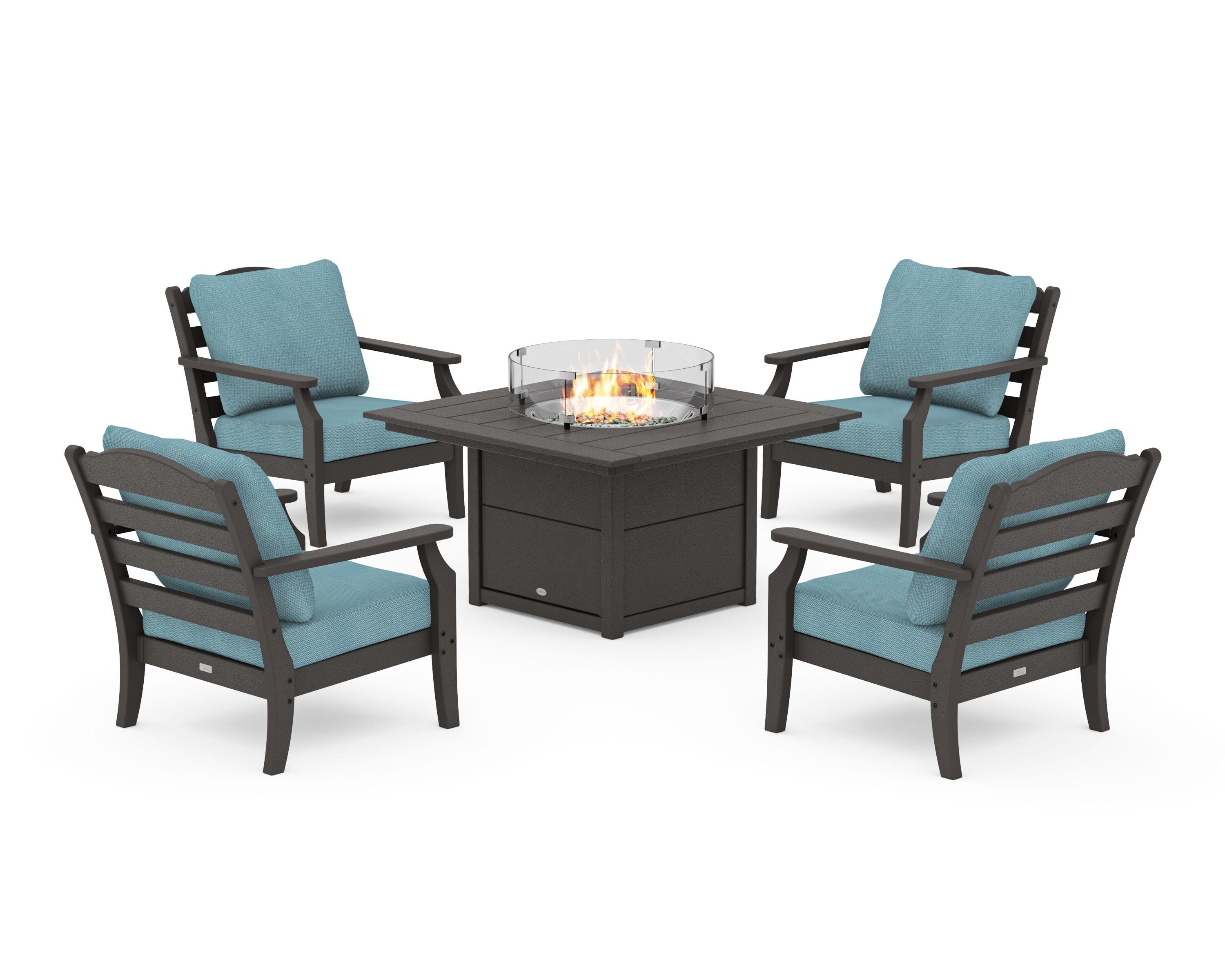 Draper James™ by POLYWOOD® Savannah 5-Piece Deep Seating Set with Fire Pit Table in Vintage Coffee / Lattice Sky Blue