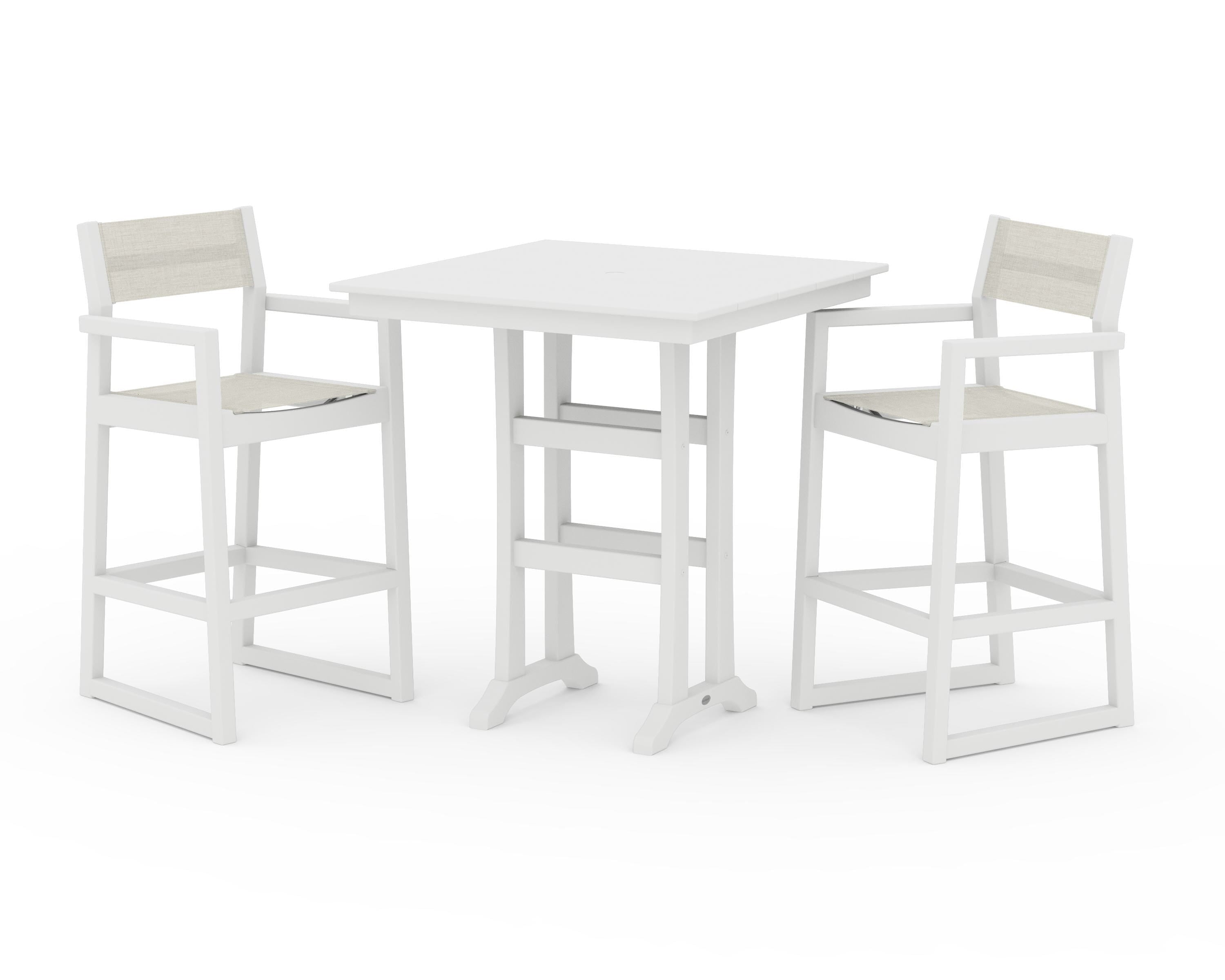 POLYWOOD® EDGE Sling Arm Chair 3-Piece Farmhouse Bar Set with Trestle Legs in White / Parchment Sling