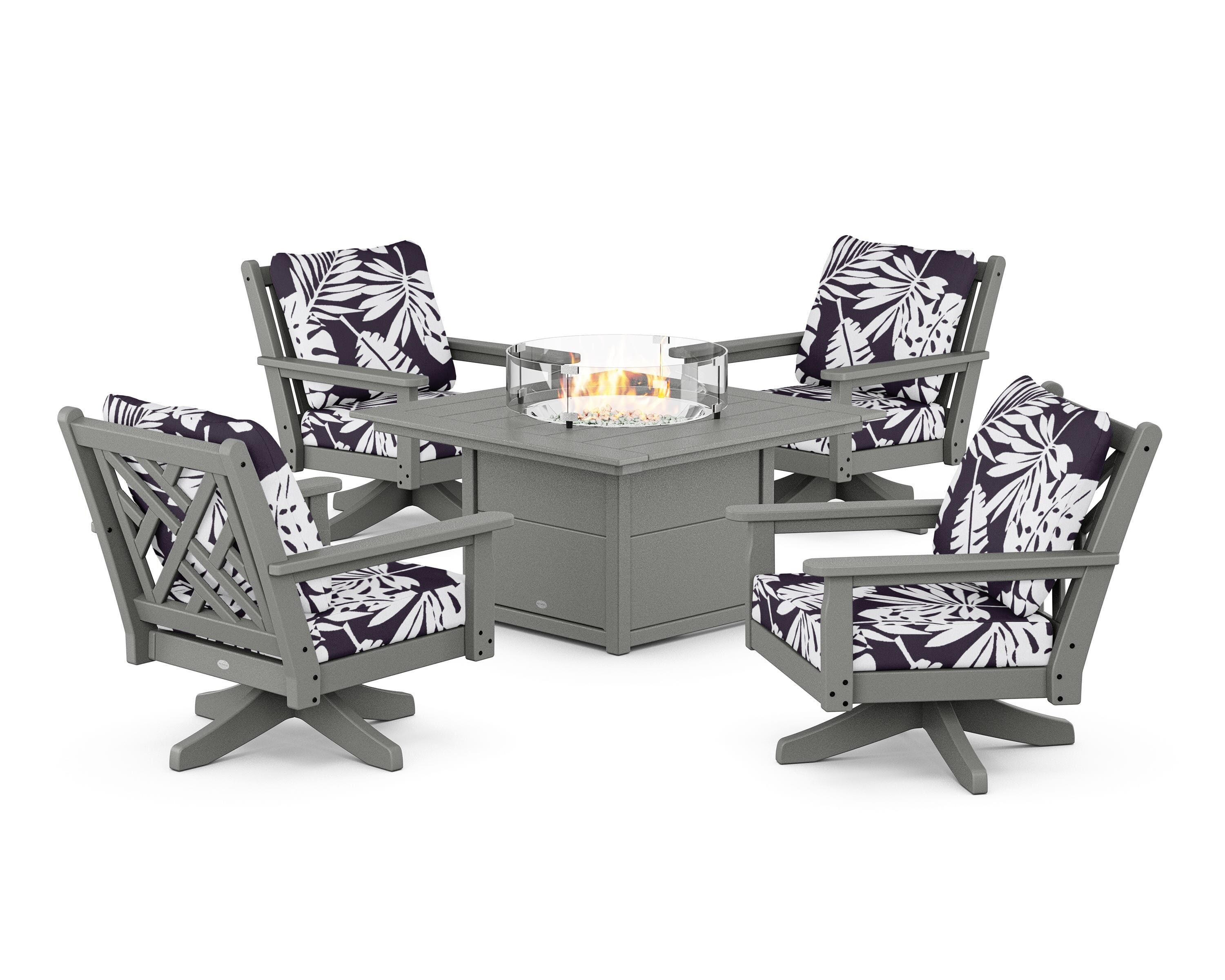 POLYWOOD® Chippendale 5-Piece Deep Seating Swivel Conversation Set with Fire Pit Table in Slate Grey / Leaf Navy