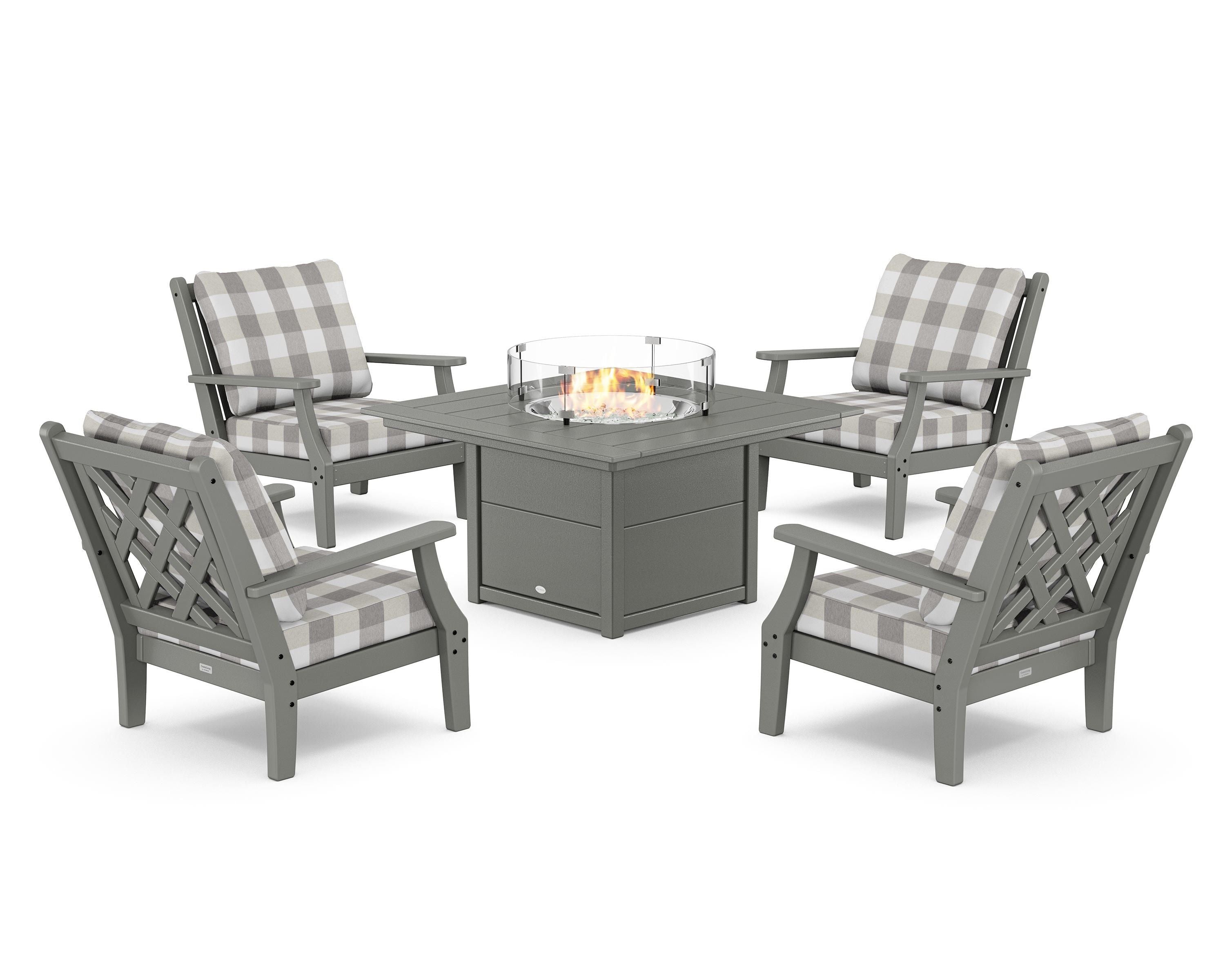 Country Living Wovendale 5-Piece Deep Seating Set with Fire Pit Table in Slate Grey / Buffalo Plaid Grey Mist