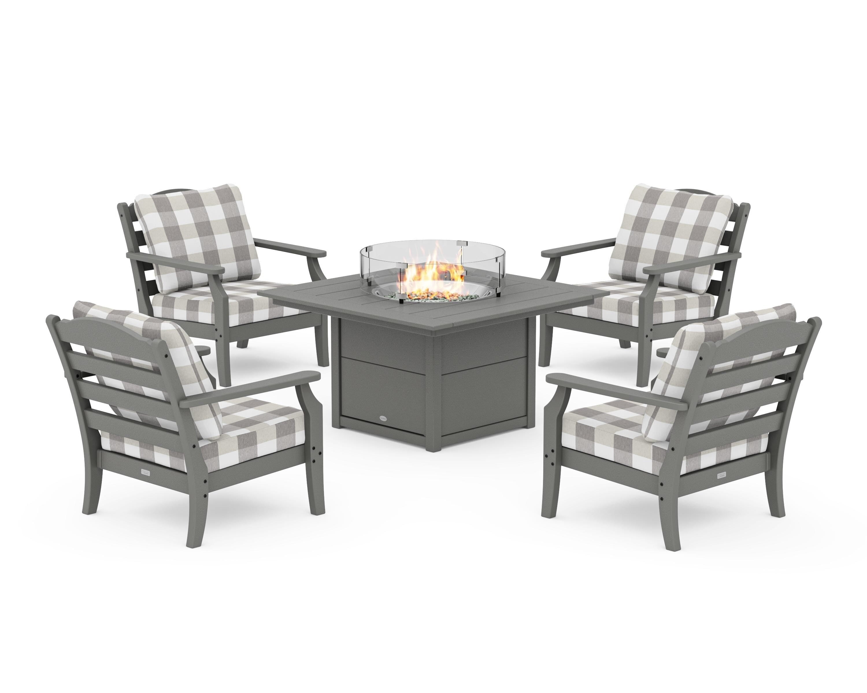 Draper James™ by POLYWOOD® Savannah 5-Piece Deep Seating Set with Fire Pit Table in Slate Grey / Buffalo Plaid Grey Mist