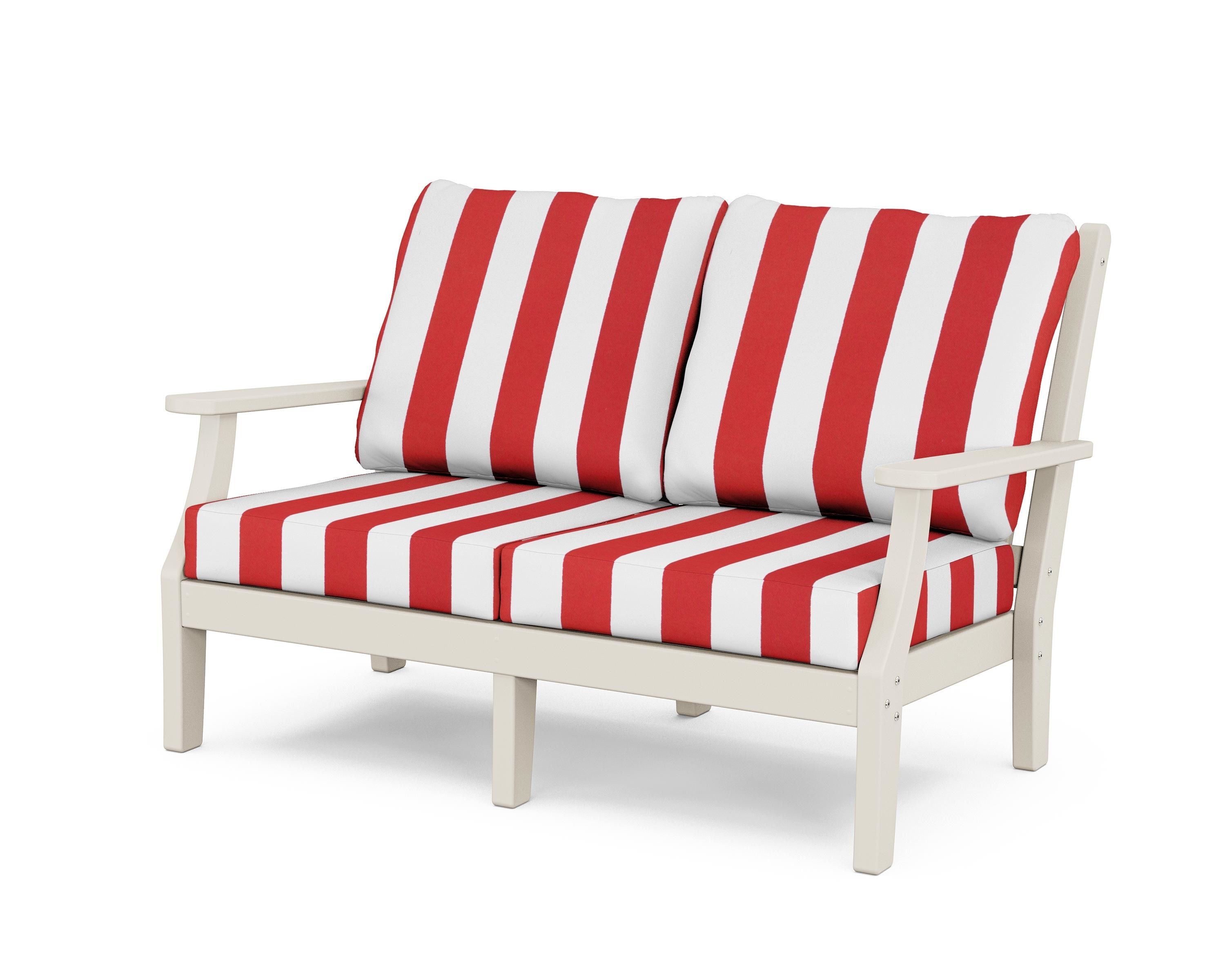 Country Living Wovendale Deep Seating Loveseat in Sand / Cabana Stripe Crimson