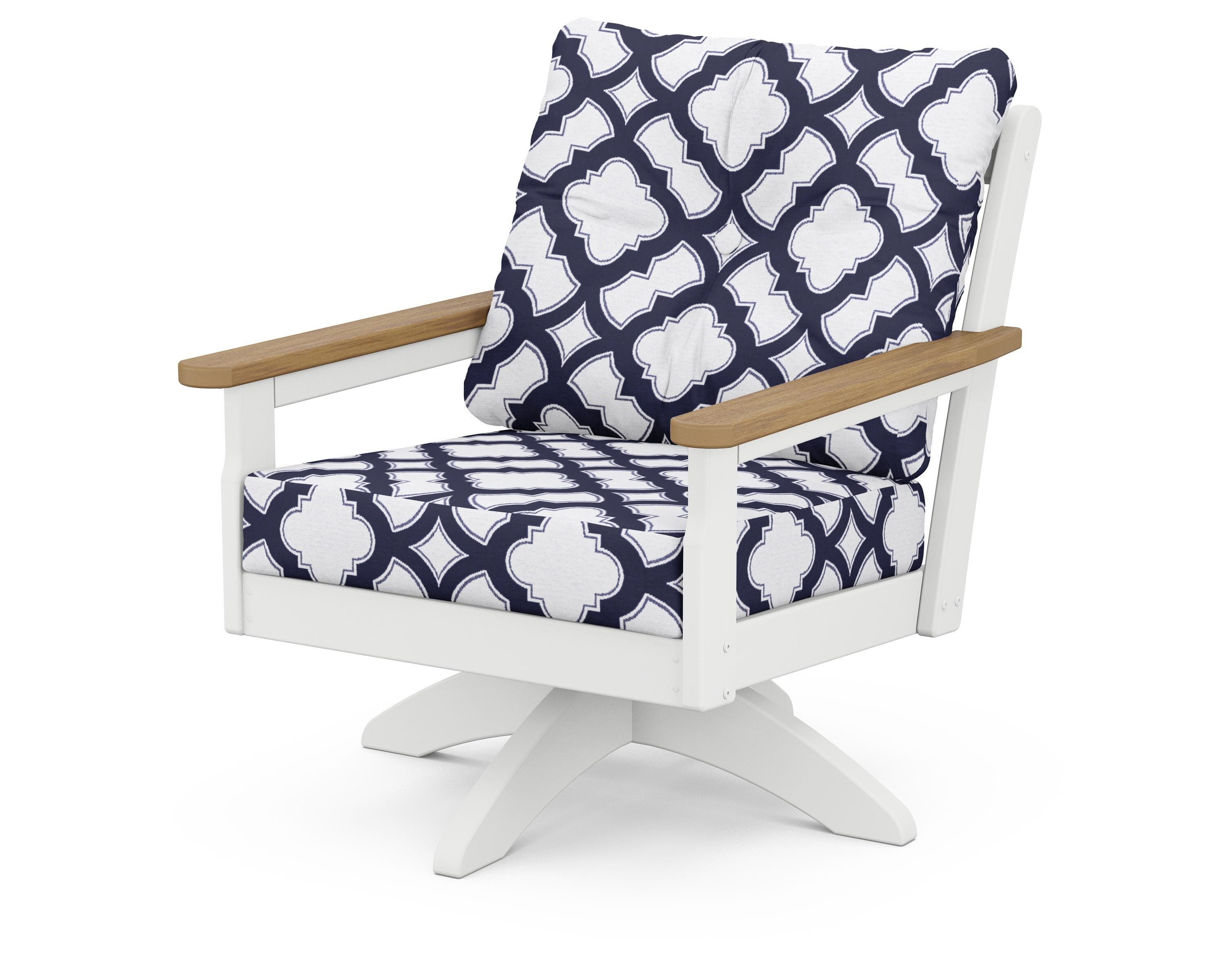 POLYWOOD® Vineyard Deep Seating Swivel Chair in White / Natural / Trellis Navy